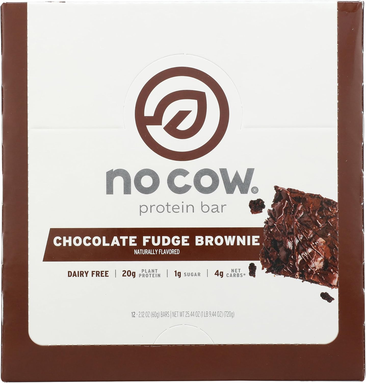 No Cow Chocolate Fudge Brownie Vegan Protein Bars, 12 Pack | 20g High Plant-Based Protein, High Fiber, Low Sugar, Gluten-Free, Dairy-Free, Soy-Free