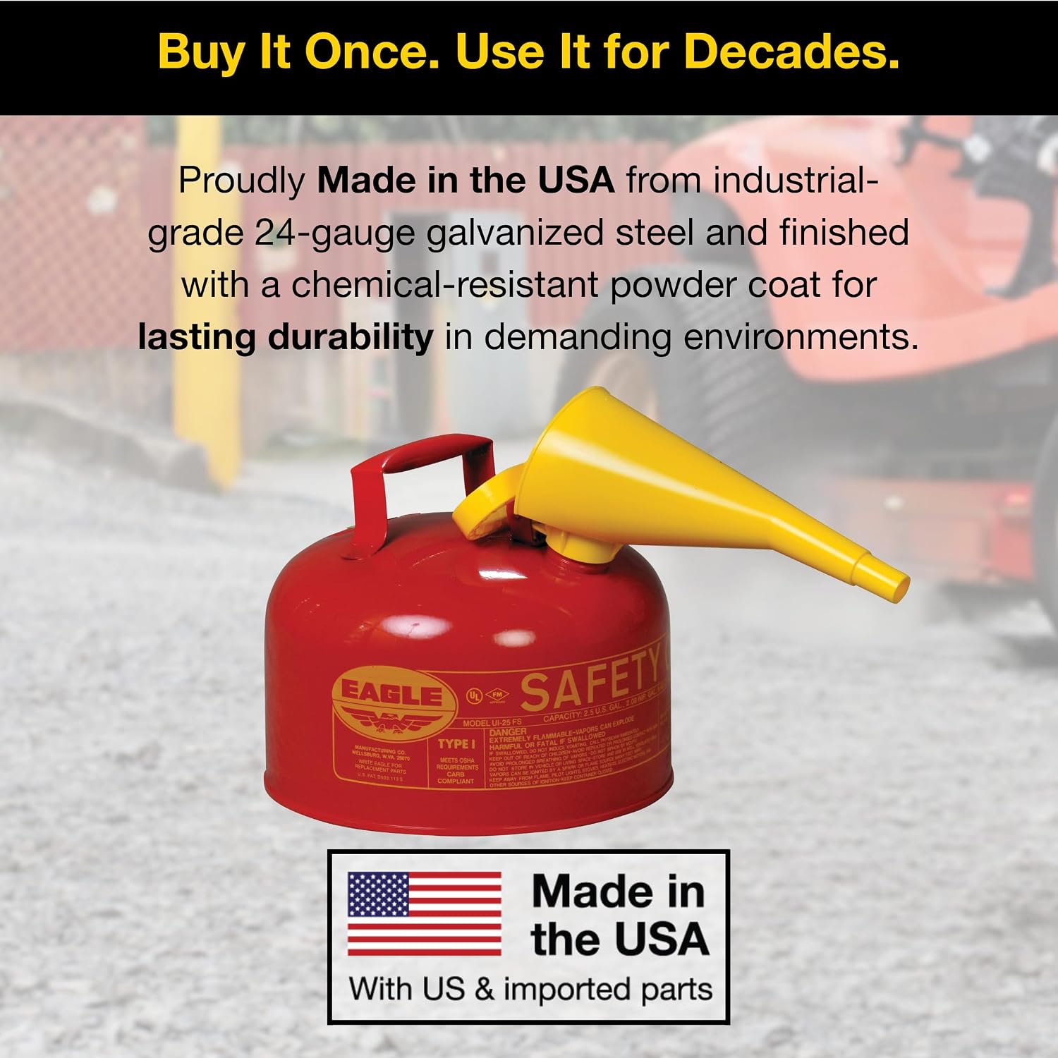 Eagle 2.5 Gallon Type I Red Safety Gas Can for Gasoline | Flame Arrester, Self-Closing Lid, and F-15 Funnel, Made in the USA
