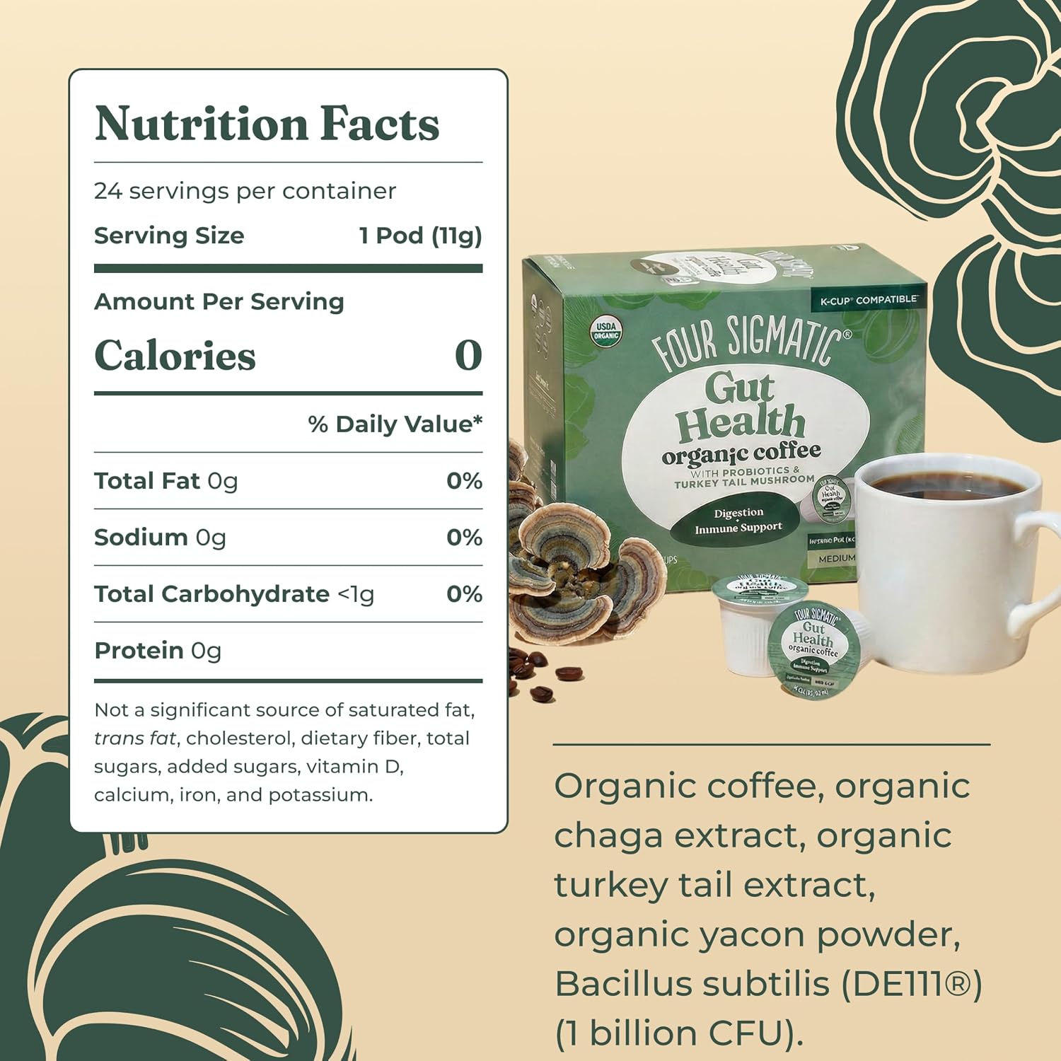 Four Sigmatic Mushroom Coffee K-Cups | Organic Dark Roast Coffee with Lion’s Mane Mushroom Powder & Yacon | Focus & Immune Support | Vegan & Keto