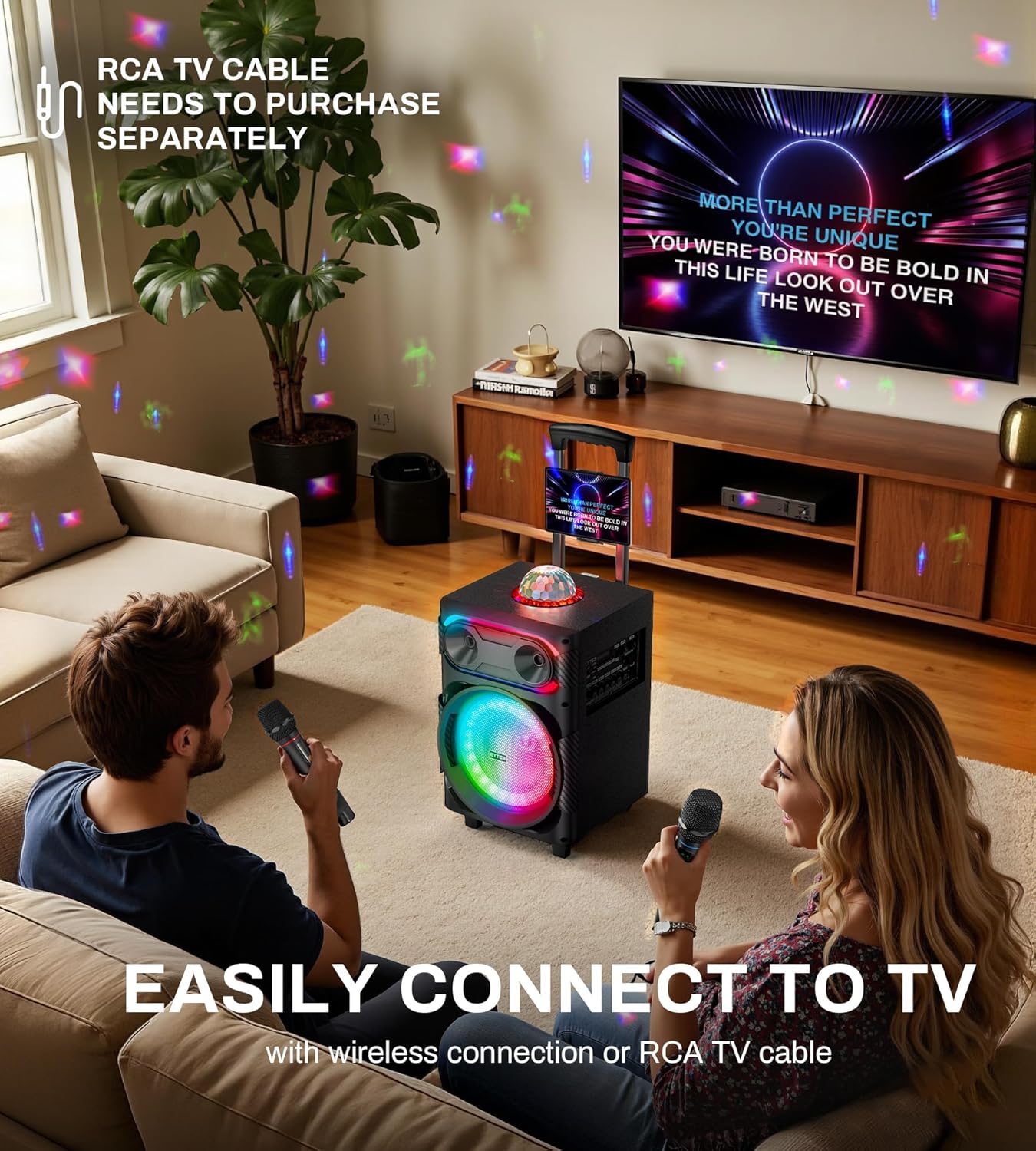 Karaoke Machine for Adults with 2 Wireless Microphones, BT PA System with Disco Ball LED Lights, Rolling Wheels, Tablet Holder, Remote Control