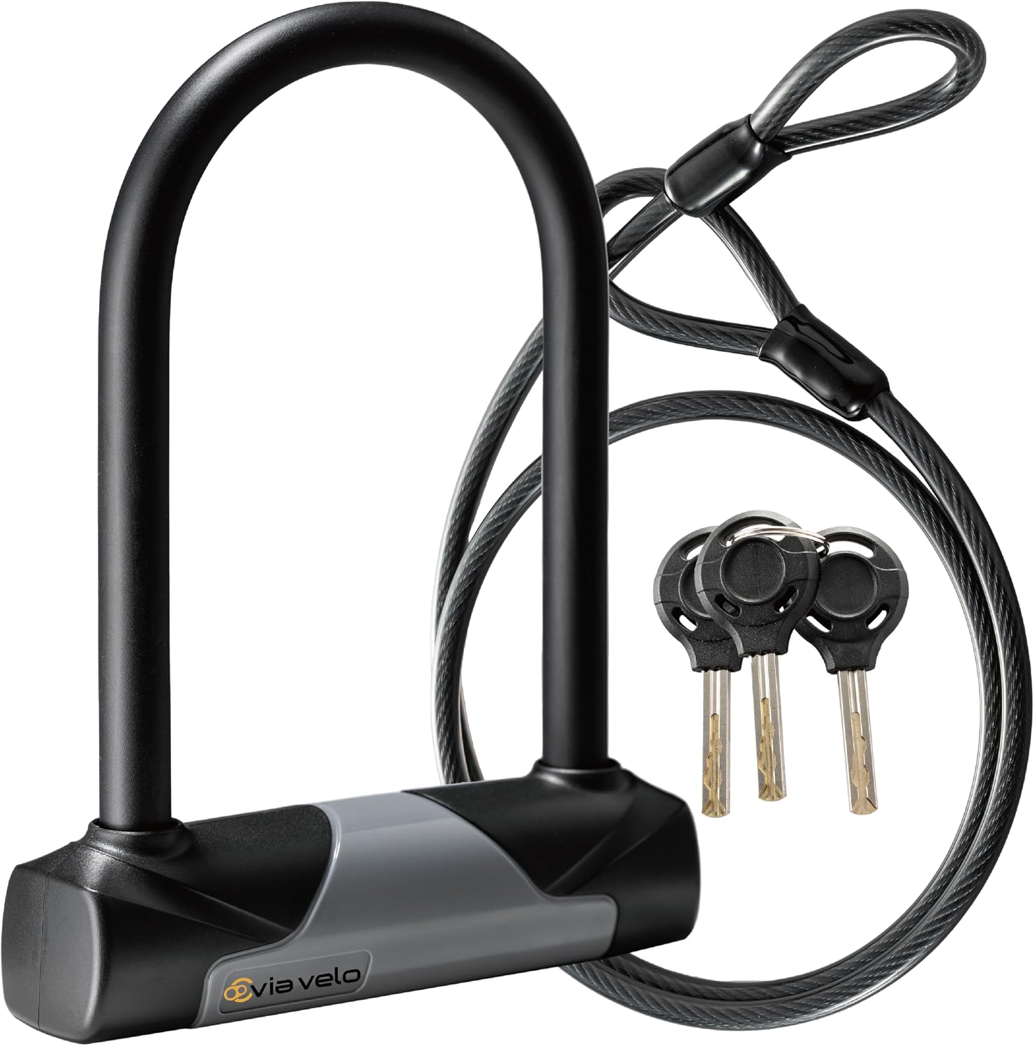 Bike U Lock with Cable - Via Velo Heavy Duty Bicycle U-Lock,14mm Shackle and 10mm x1.8m Cable with Mounting Bracket for Road, Mountain, Electric & Folding Bike