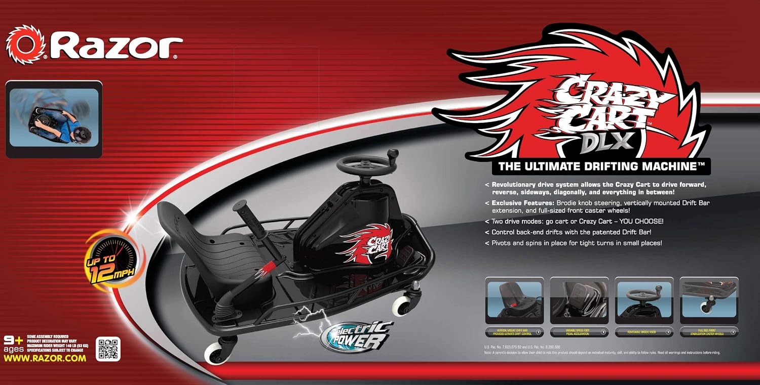 Razor Crazy Cart DLX for Kids Ages 9+ - 24V Electric Drfting Go Kart - Enhanced Drift Bar, Brodie Knob Steering, Variable Speed, Up to 12 mph