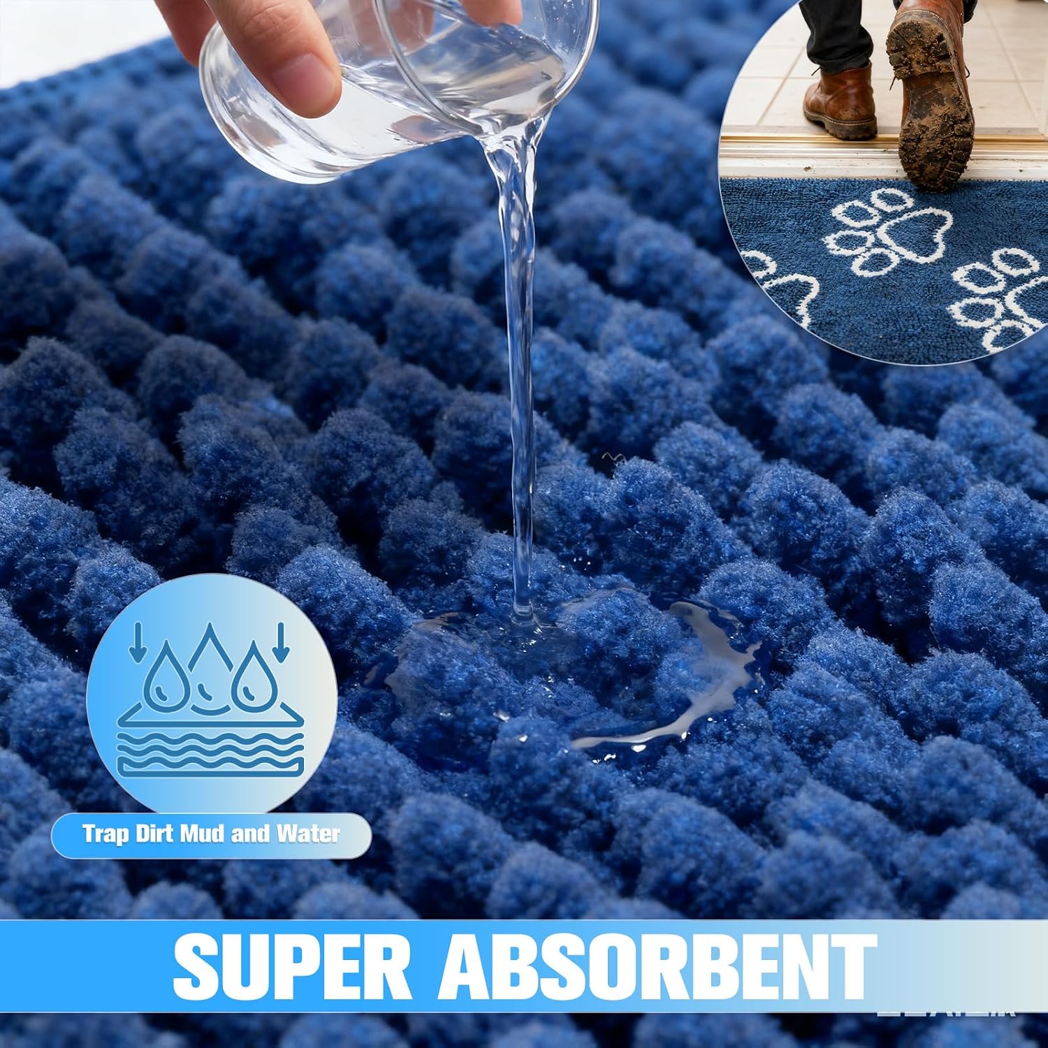 Dog Door Mat for Muddy Paws - Highly Absorbent Microfiber Pet Rug, Quick Dry Chenille Dog Runner Rug Indoor Outdoor, Non-Slip Entryway Carpet Washable Mud Mat for Dogs, Blue 60"x30"