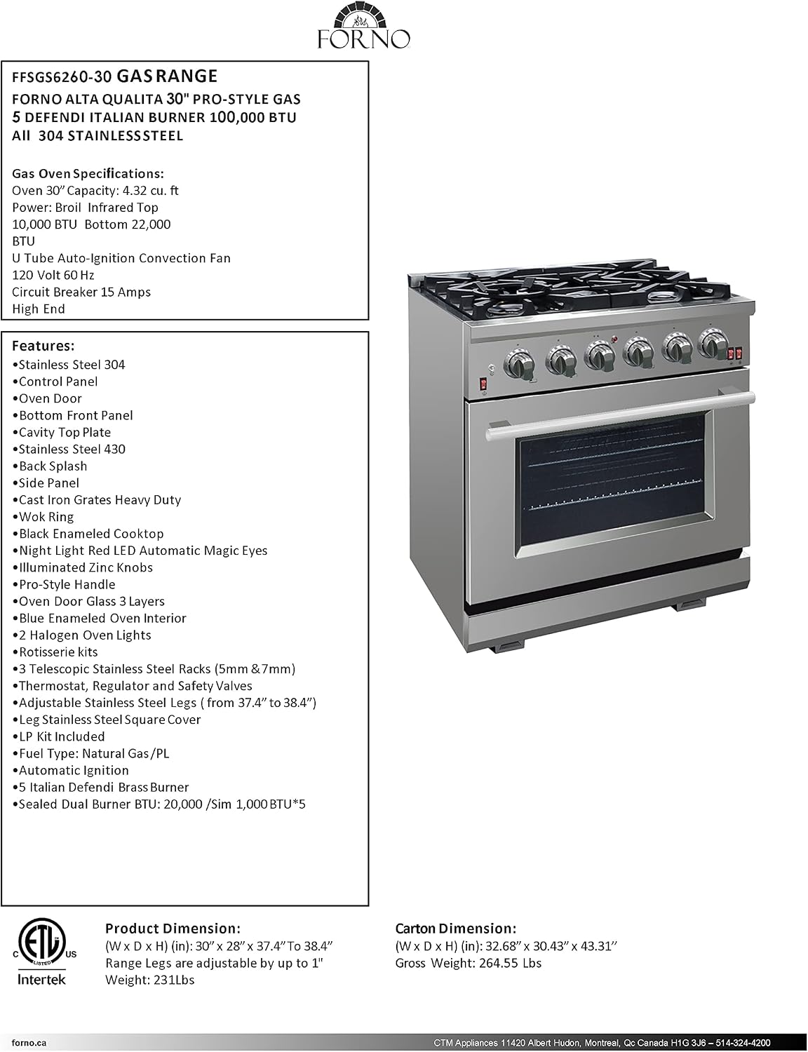 FORNO Capriasca Full Gas 30" Inch. Freestanding Range with 5 Sealed Burners Cooktop - 4.32 Cu.Ft. Gas Convection Oven Capacity