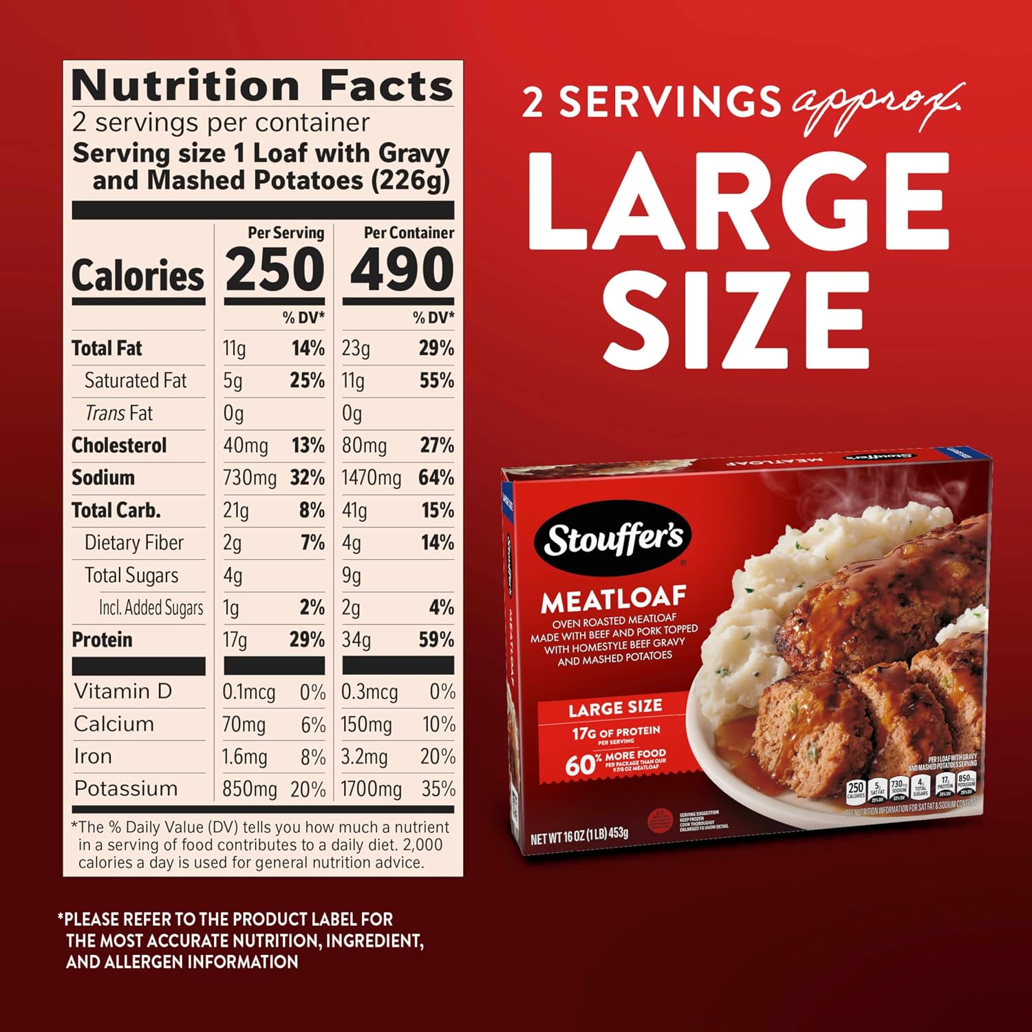 Stouffer's Classic Meatloaf, Single Serve Frozen Meal, 16 Oz | Made with beef and pork topped with homestyle beef gravy and mashed potatoes