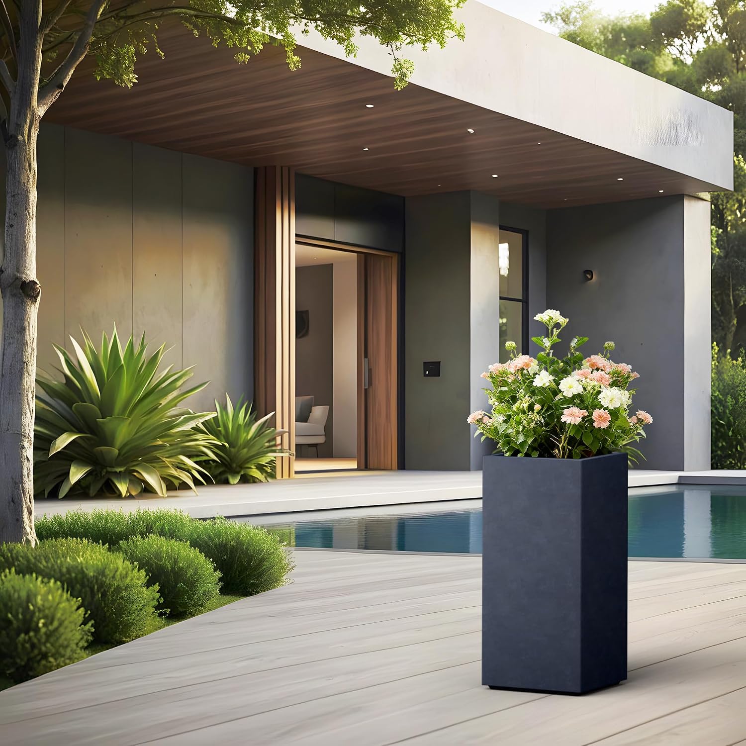 Kante Accent Column Square Pale Gray Concrete Planter 23.6" H, Outdoor