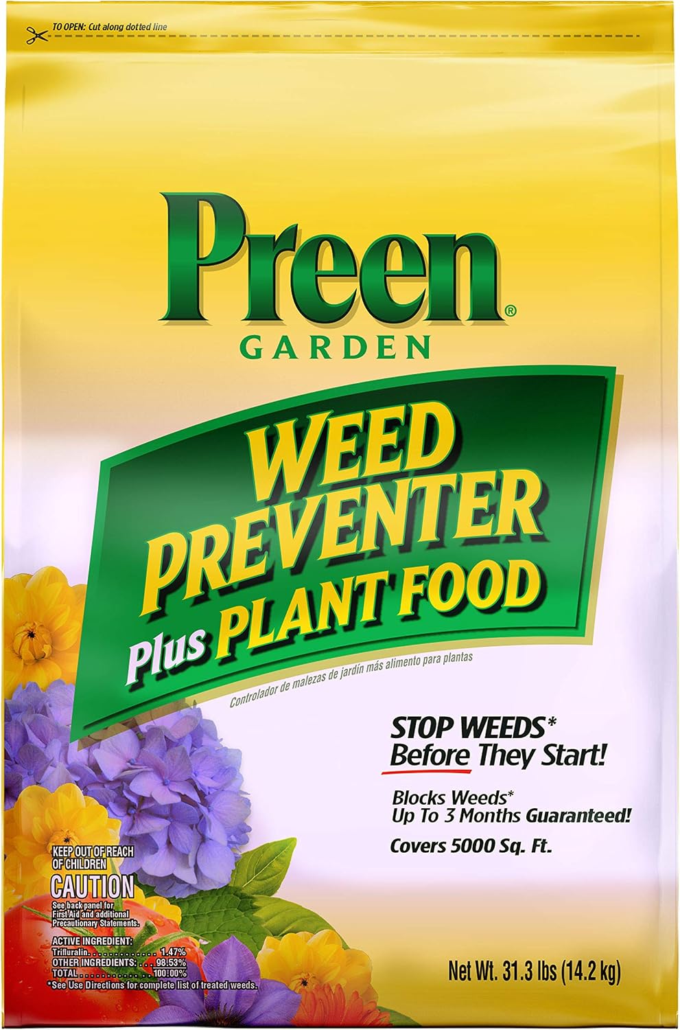 Preen Garden Weed Preventer Plus Plant Food 16 lb. Drum, Covers 2,560 sq ft | Granular All Purpose Fertilizer with Pre Emergent Weed Control for Gardens – Prevents Weeds and Feeds Plants