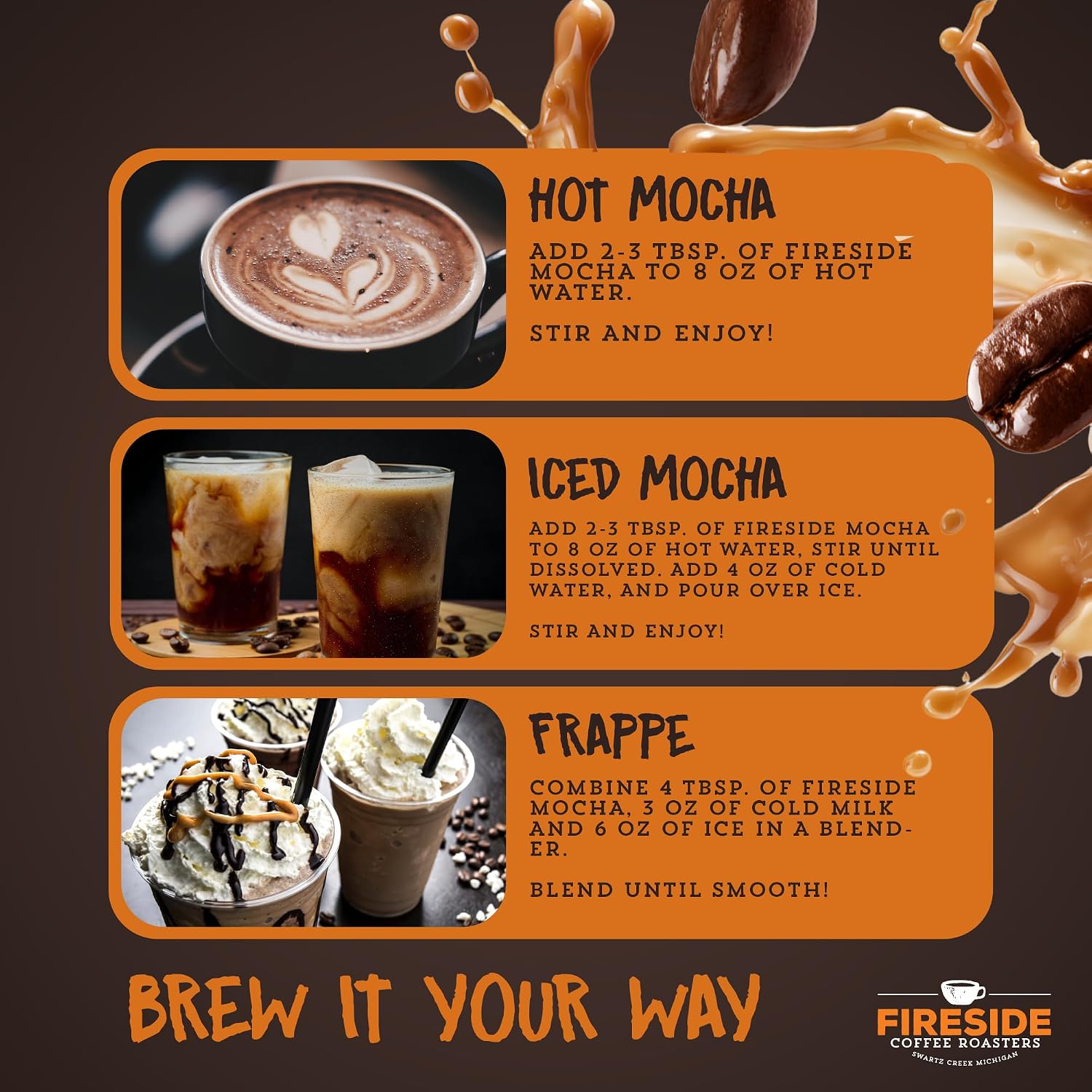 Fireside Coffee Irish Cream Cafe Mocha - Premium Instant Coffee Chocolate Blend - Versatile Caffeinated Drink Mix for Hot, Iced, Milkshake, and Mocha Frappe Mix, Only Add Water and Enjoy, 8 Ounces