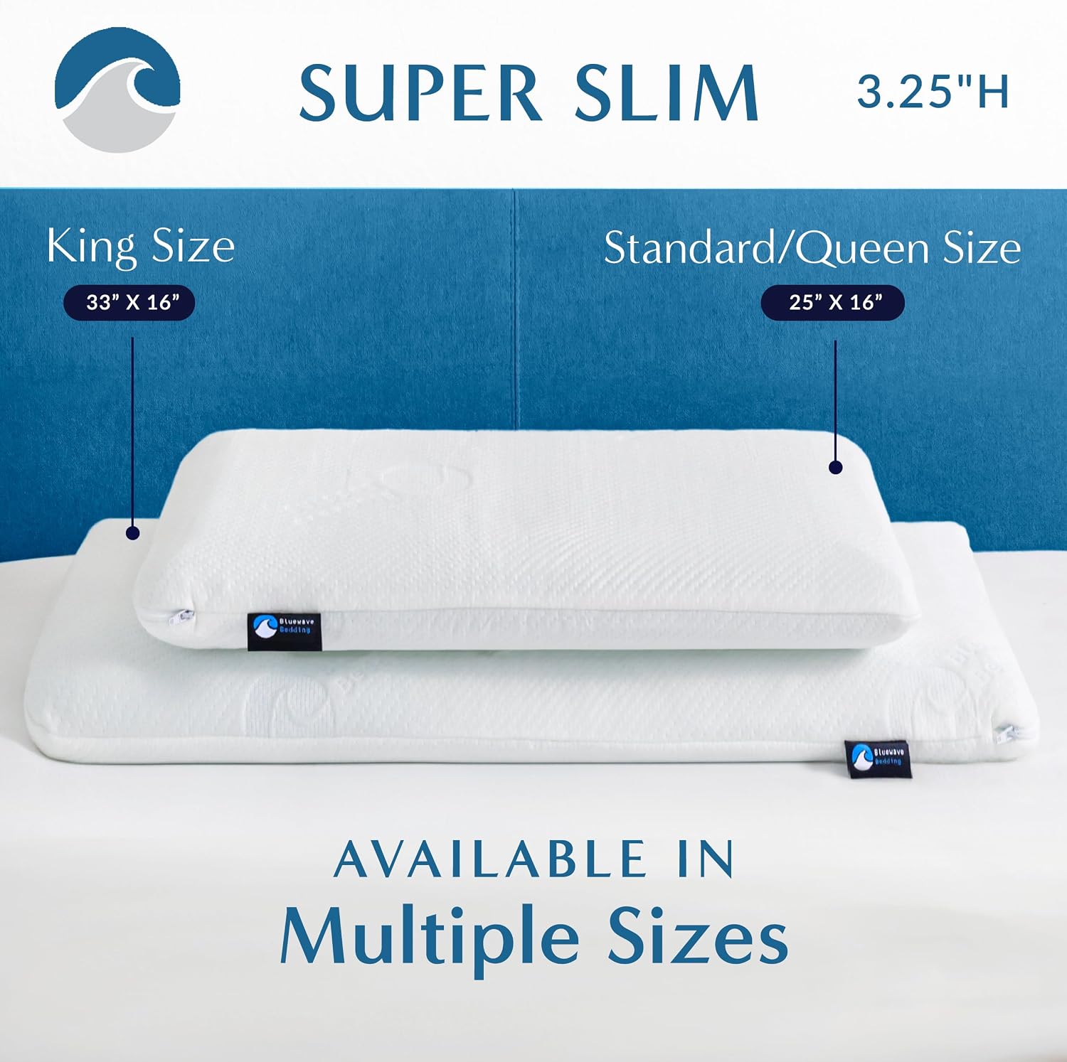 Bluewave Bedding Hyper Slim Gel Memory Foam Pillow for Stomach and Back Sleepers - Thin
