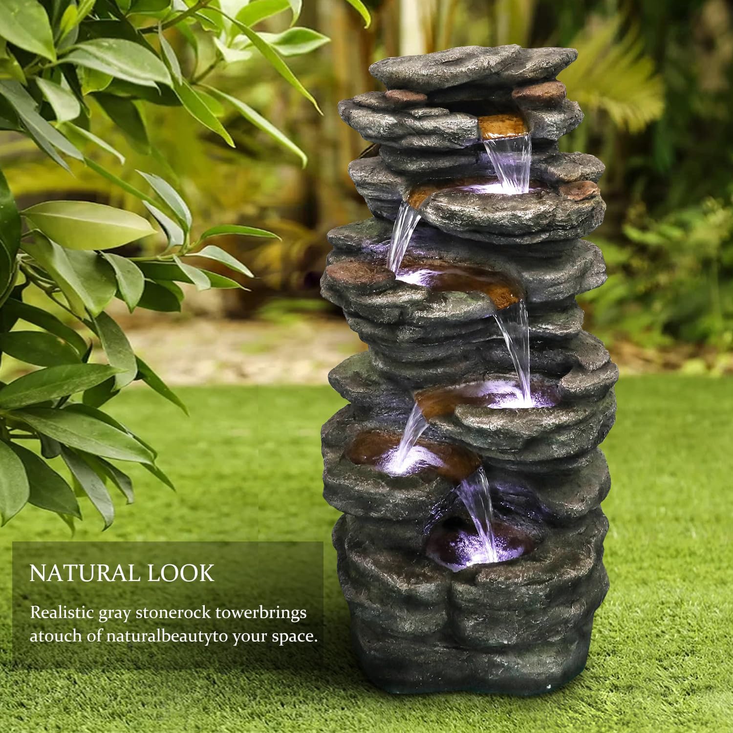 SunJet 40.5” High Rocks Outdoor Water Fountain - 6-Tiers Cascading Waterfall with LED Lights, Soothing Tranquility for Home Garden, Yard Decor