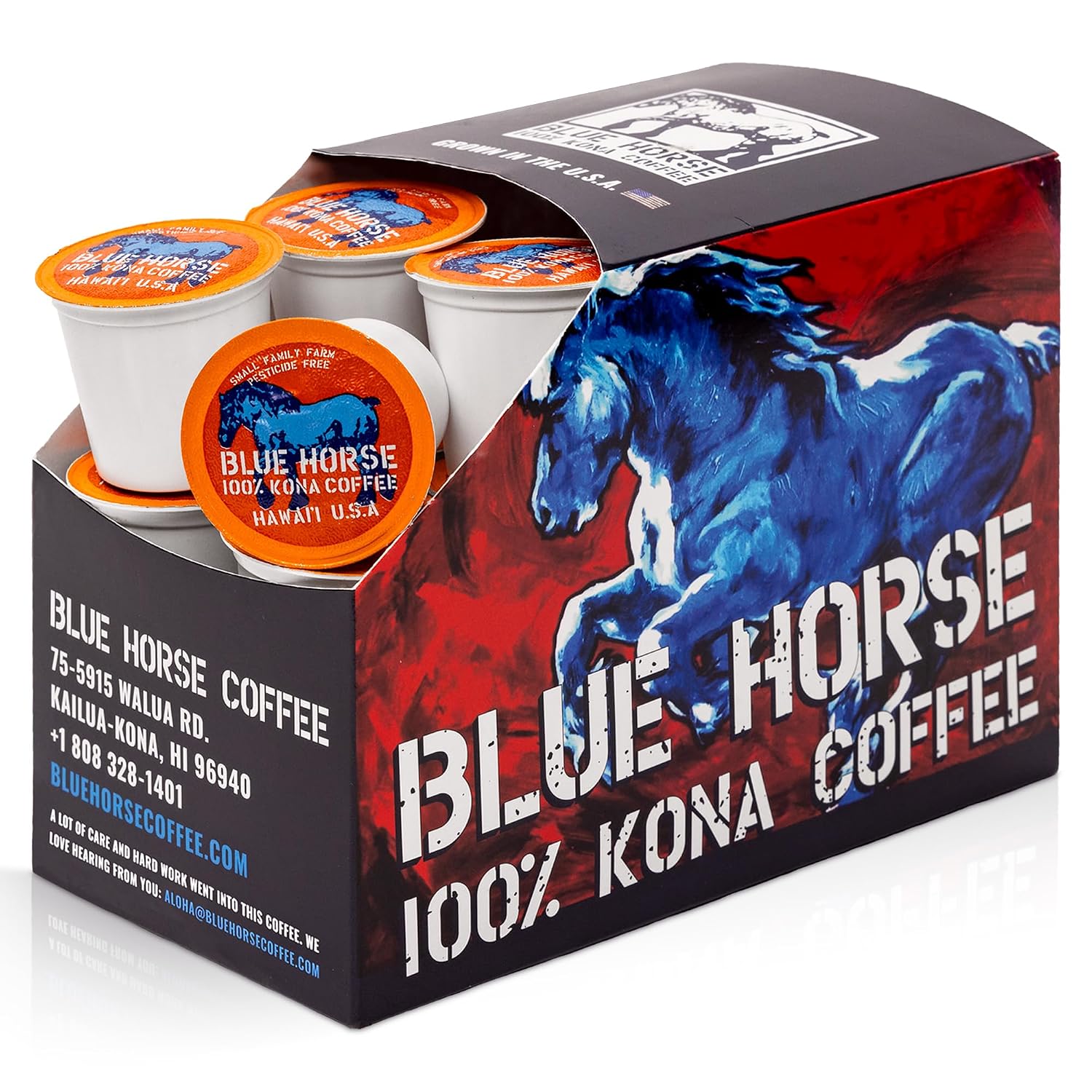 Blue Horse 100% Kona Coffee Pods, Medium Roast, 10ct Single Serve, Compatible with K Cups 2.0, Farm Fresh, Authentic Arabica Beans from Hawaii’s Big Island with a Smooth, Rich Flavor