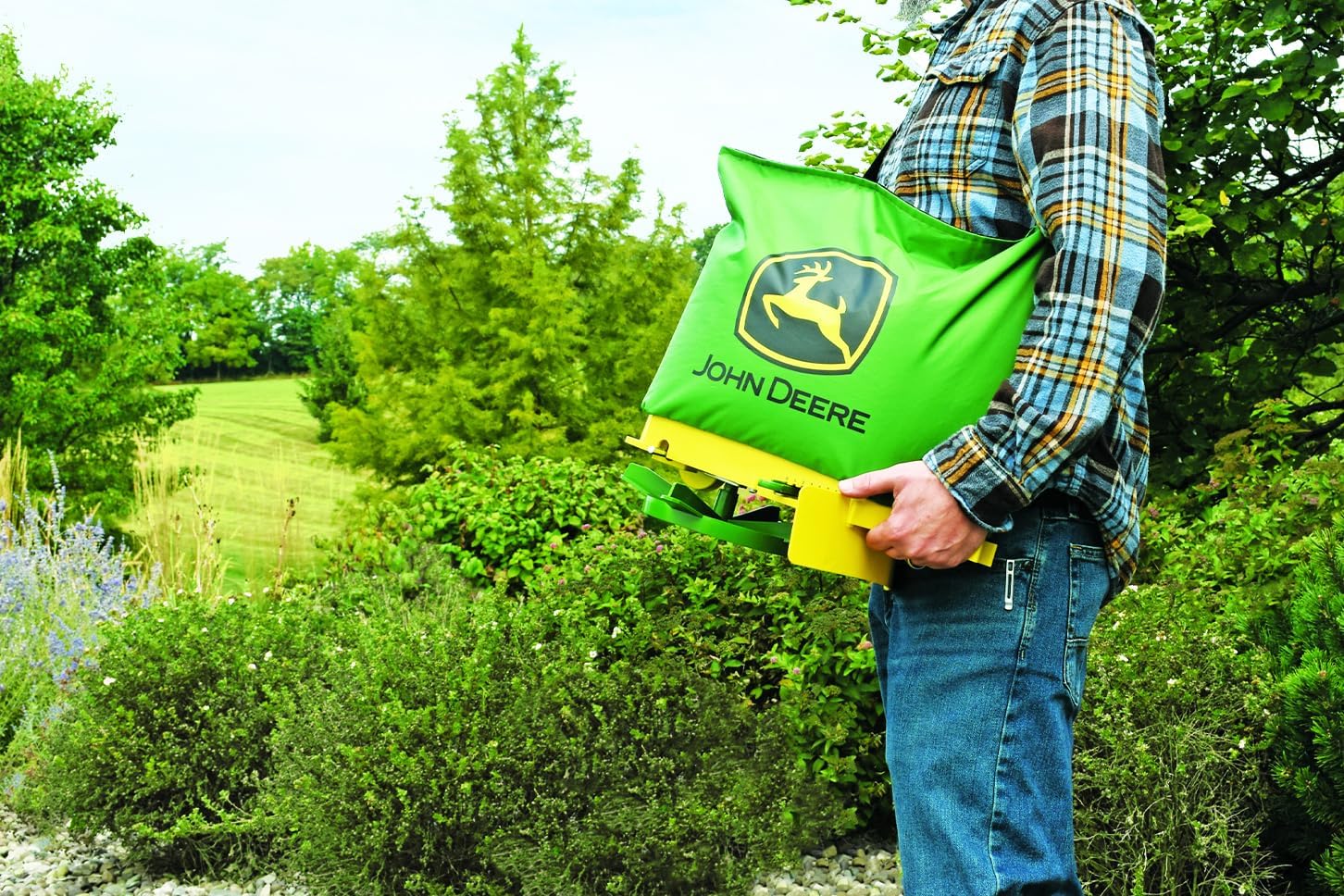 John Deere 25 lb Handheld Bag Seeder Spreader with Waterproof Bag, Enclosed Gears, Adjustable Shoulder Strap, Rear Baffle