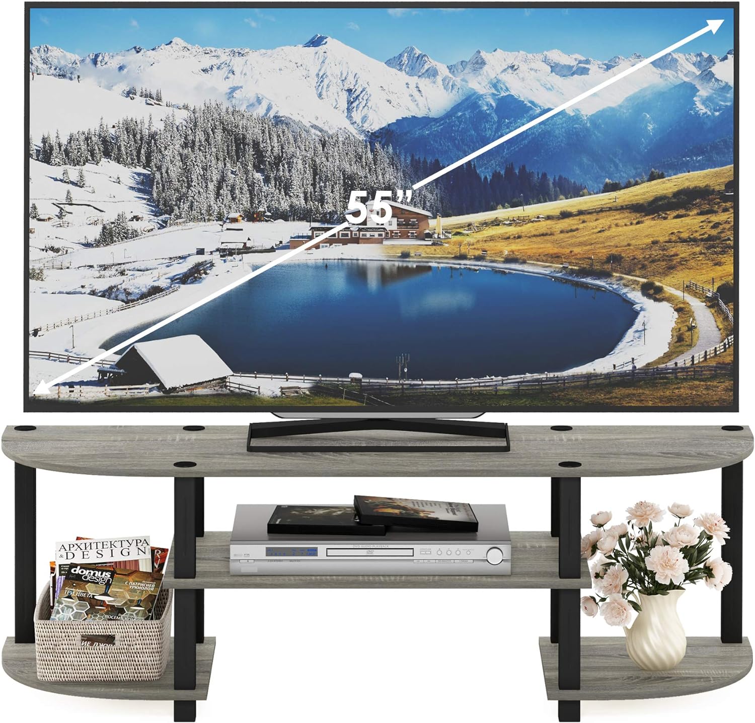 Furinno TURN-S-TUBE 3-Tier TV Stand for TVs up to 55 Inch, French Oak | Toolless Entertainment Center with Open Storage Shelves, Media Console Table with Soundbar Shelf for Living Room, Bedroom
