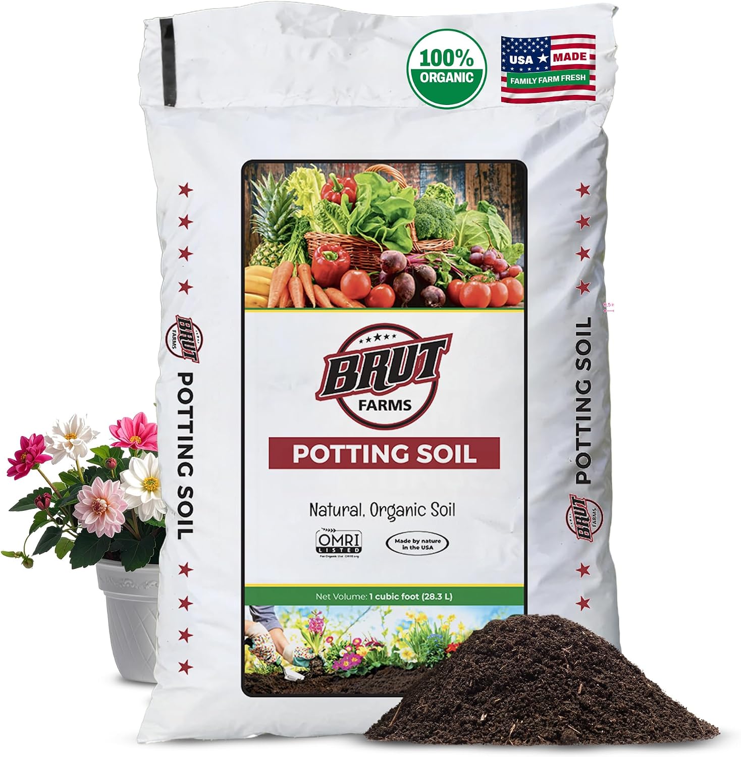 Brut Organic Potting Soil 1 CU FT – Premium Plant Soil with Organic Worm Castings, Trace Minerals & Perlite – Chemical-Free