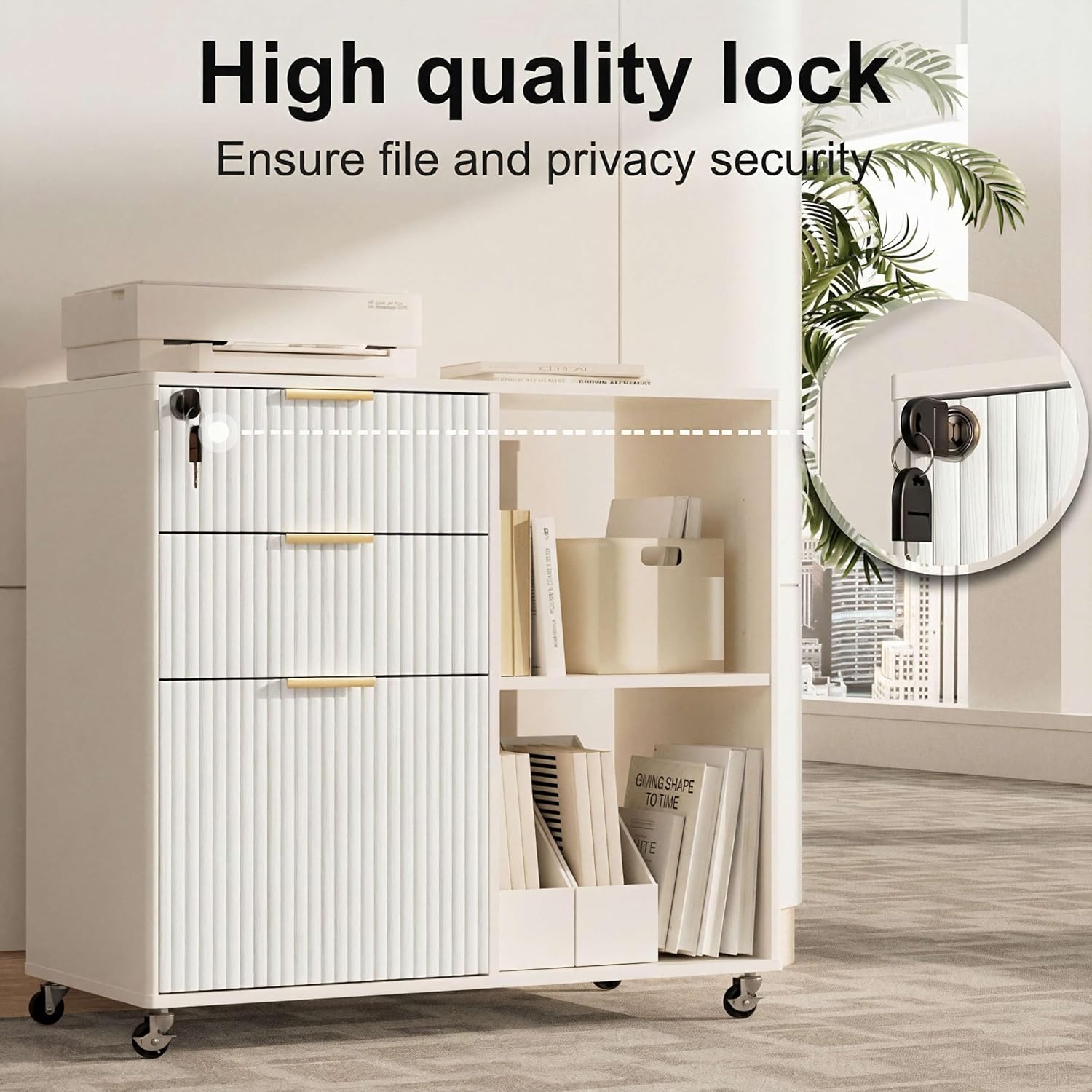3 Drawer Fluted Mobile Filing Cabinet with Lock, Lateral Rolling Under Desk File Cabinet, Wooden Printer Stand Table for Home Office Essentials Storage Organization Furniture Letters/A4(Oak)