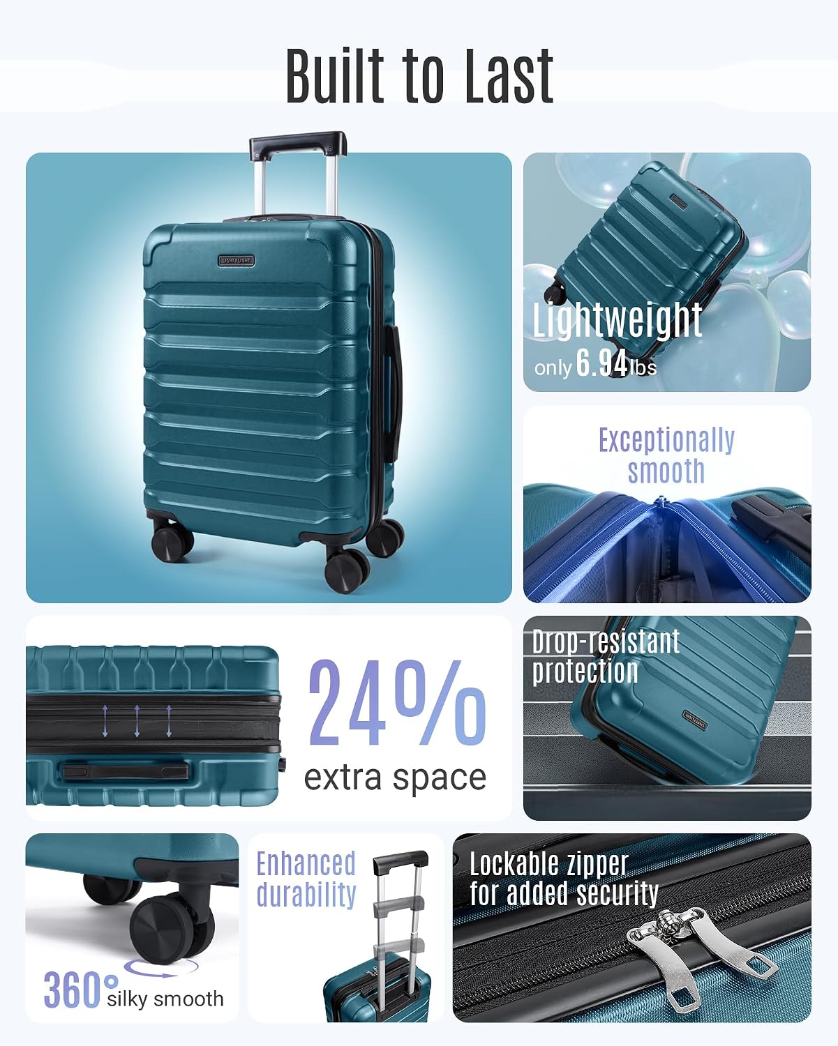 LIGHT FLIGHT Carry On Luggage, 20" Carry-On Suitcase, Deep Green | 20" Expandable Carry On Suitcases with Wheels, Lightweight Luggage, Durable Hard ShellRolling Suit Case for Men Women Travel