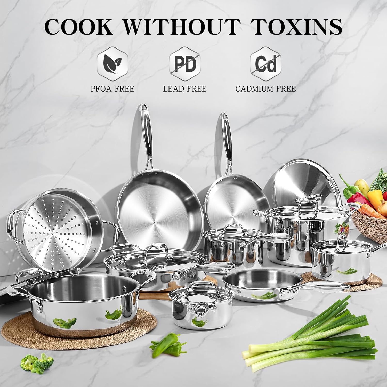 EWFEN Stainless Steel Cookware Set, 3 Ply 17 Piece Stainless Steel Pot and Pan Set, Oven Dishwasher Safe | Induction Compatible Frying Pans, Saucepans
