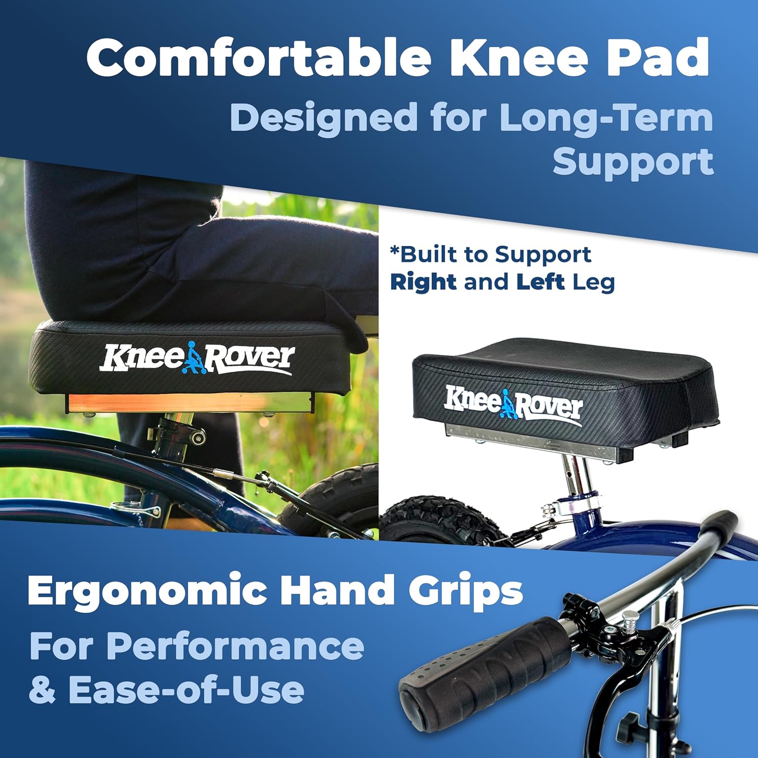 KneeRover Original Steerable All Terrain Knee Scooter – Heavy Duty Foldable Knee Walker & Mobility Aid for Adults with Adjustable Handlebar and Large Wheels (Blue) | For Adults for Foot Surgery, Heavy Duty Knee Walker for Broken Ankle Foot Injuries Recov…