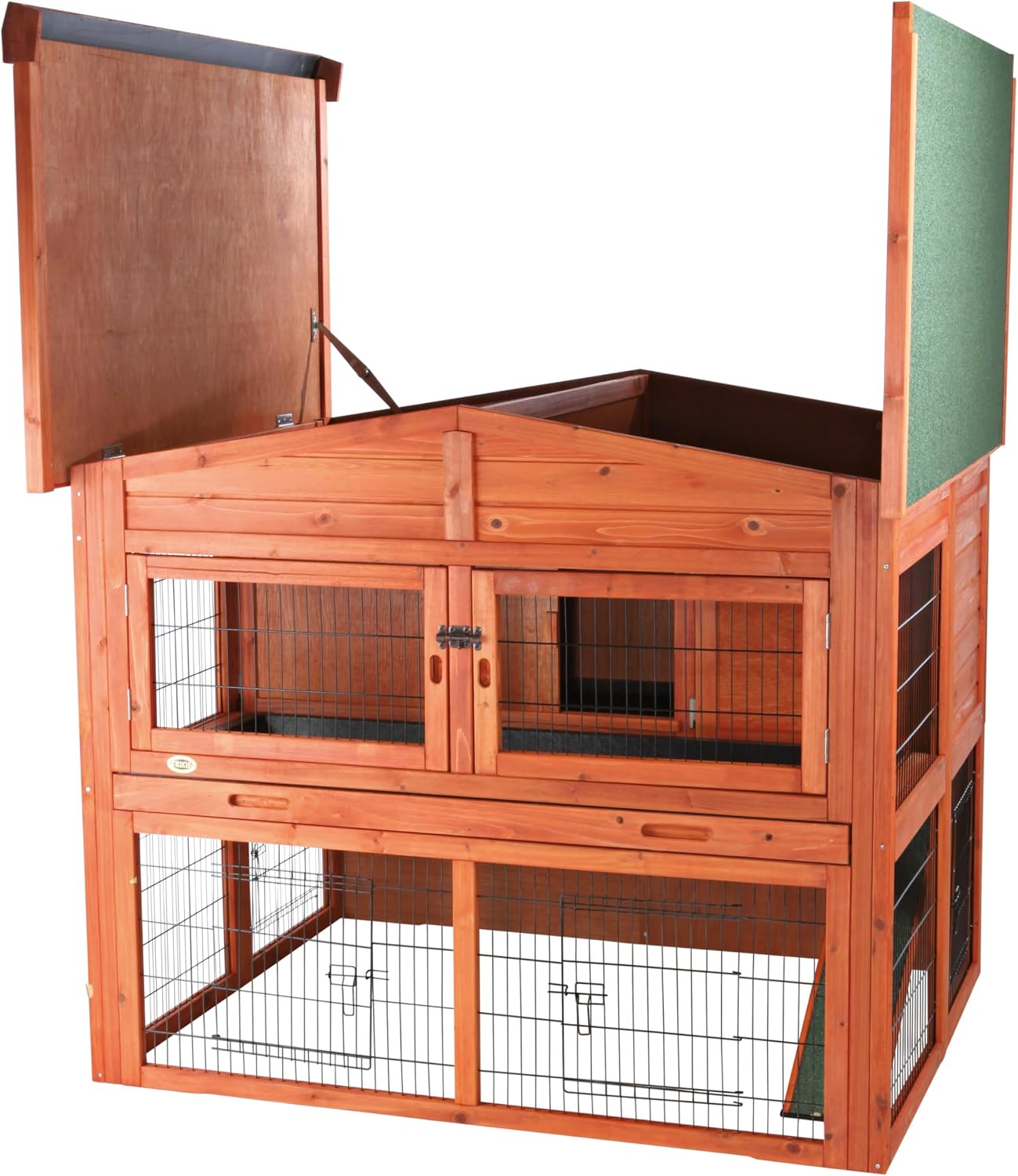 TRIXIE natura Outdoor Rabbit Hutch with Run - 2-Story Rabbit Cage with Non-Slip Ramp - Medium Elevated Small Animal House with Secure Playpen, Hinged Roof & Pull-Out Tray - in Brown