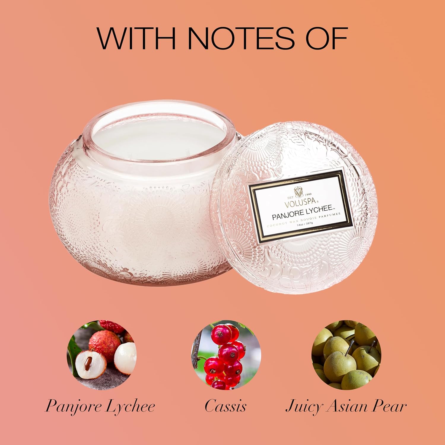 Voluspa Panjore Lychee, Glass Chawan Bowl Candle, 14 oz, 50 Hour Burn Time, Coconut Wax for Clean Burning, Handcrafted in the USA