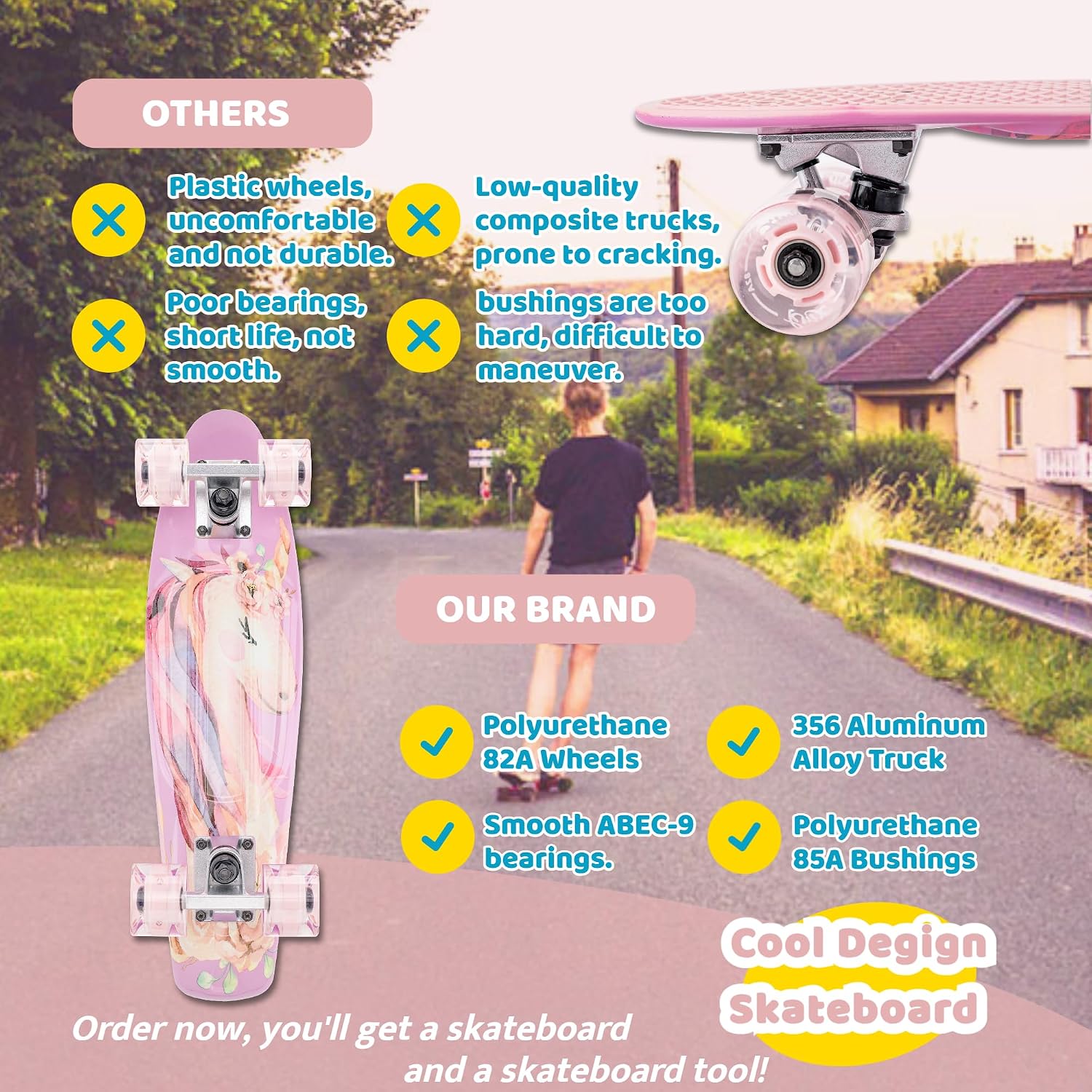 KMX Classic Retro Mini Cruiser Skateboard for Kids, Teens, Adults