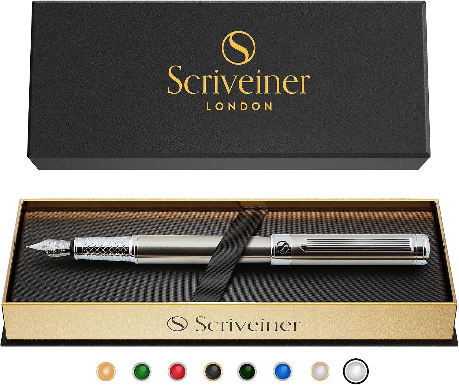 Scriveiner Silver Chrome Fountain Pen - Stunning Luxury Pen, Real Gold Finish Schmidt Gilded Nib (Medium), Best Pen Gift Set for Men & Women