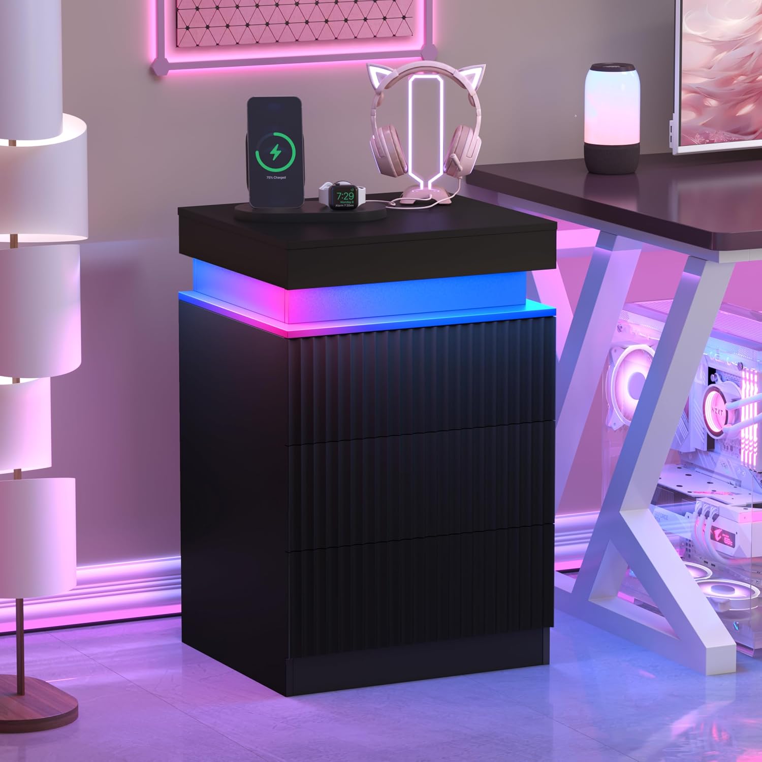 Fluted Nightstand with Charging Station and LED Light, Bedside Table with Sliding Top, USB Ports and AC Outlets, 3 Drawer Storage Cabinet