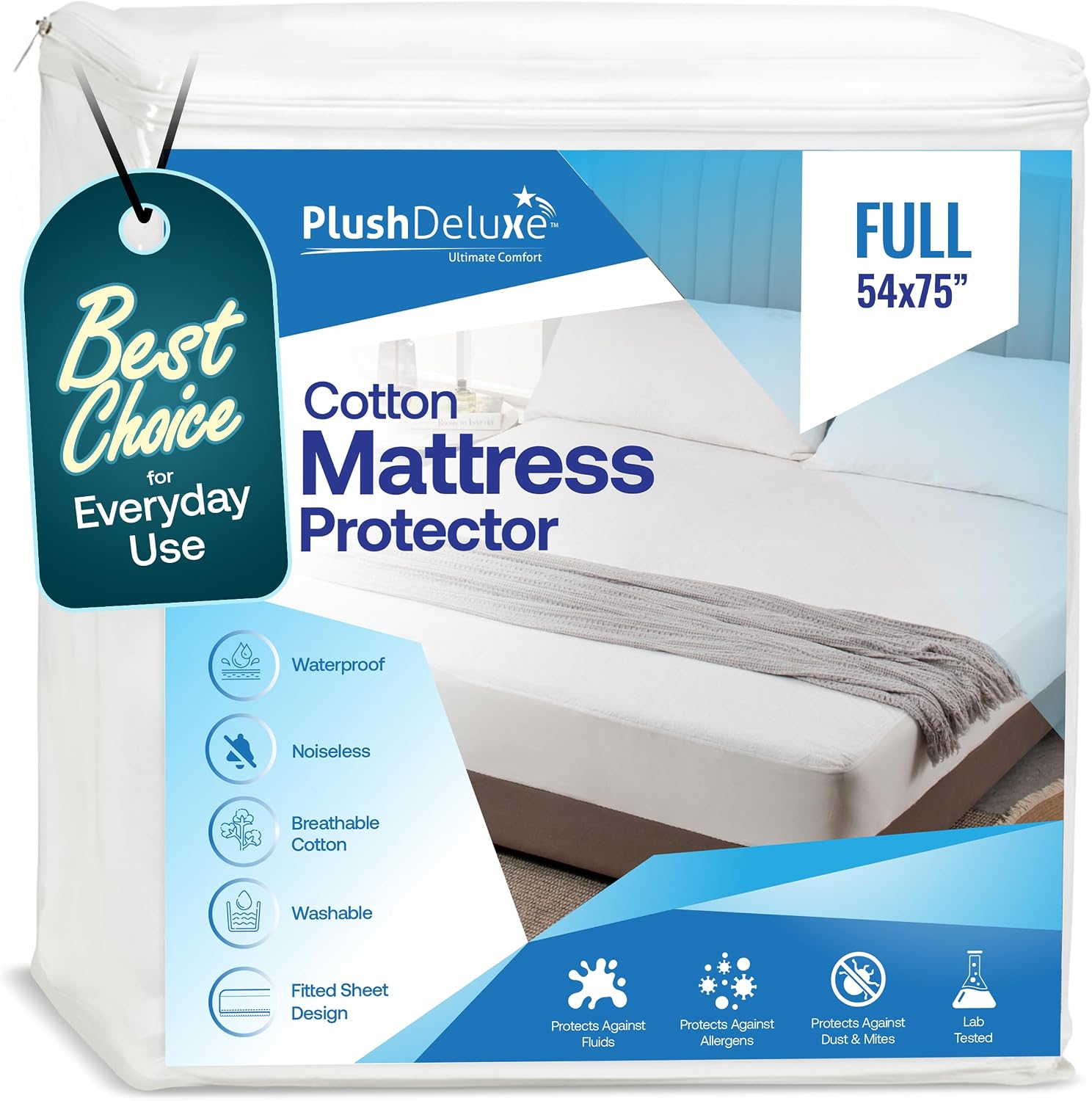 PlushDeluxe Waterproof King Mattress Protector, Terry Cotton | Fitted Sheet Bed Cover, Deep Stretchable Pockets, 76"x80"x18", Noiseless, Breathable, Hypoallergenic, Mite Proof, Washable