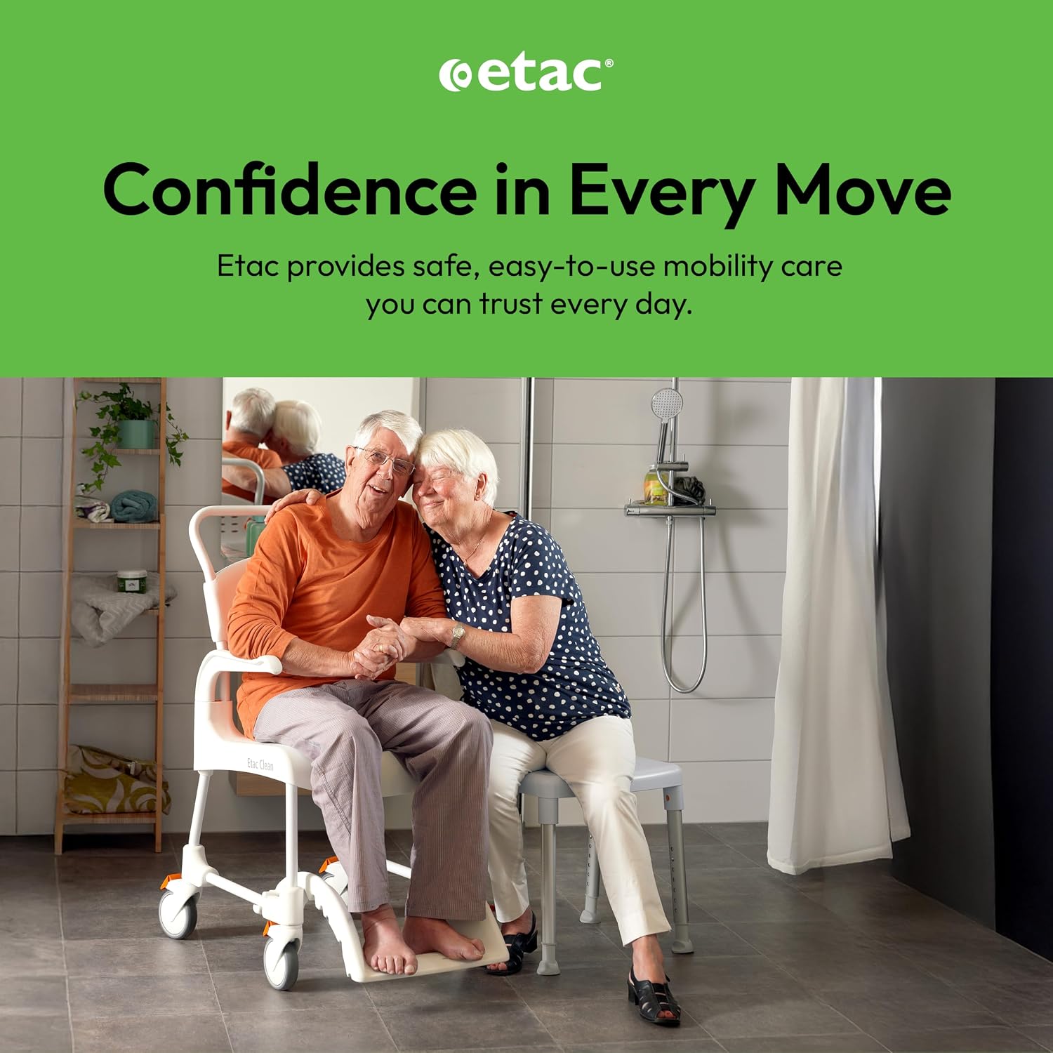 Etac Clean 24" Self-Propelled Shower Chair with Wheels - 21 3/4 Inch Fixed Height with 24 Inch Rear Wheels - Shower Wheelchair for Elderly and Disabled - Movable Armrest & Ergonomic Footrest
