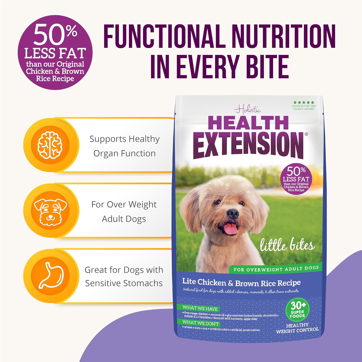 Health Extension Little Bites LITE Dry Dog Food, Chicken & Brown Rice for Toy and Small Breeds, Supports Healthy Weight, with Probiotics & Superfoods for Digestion & Coat Health, 4 lb Bag