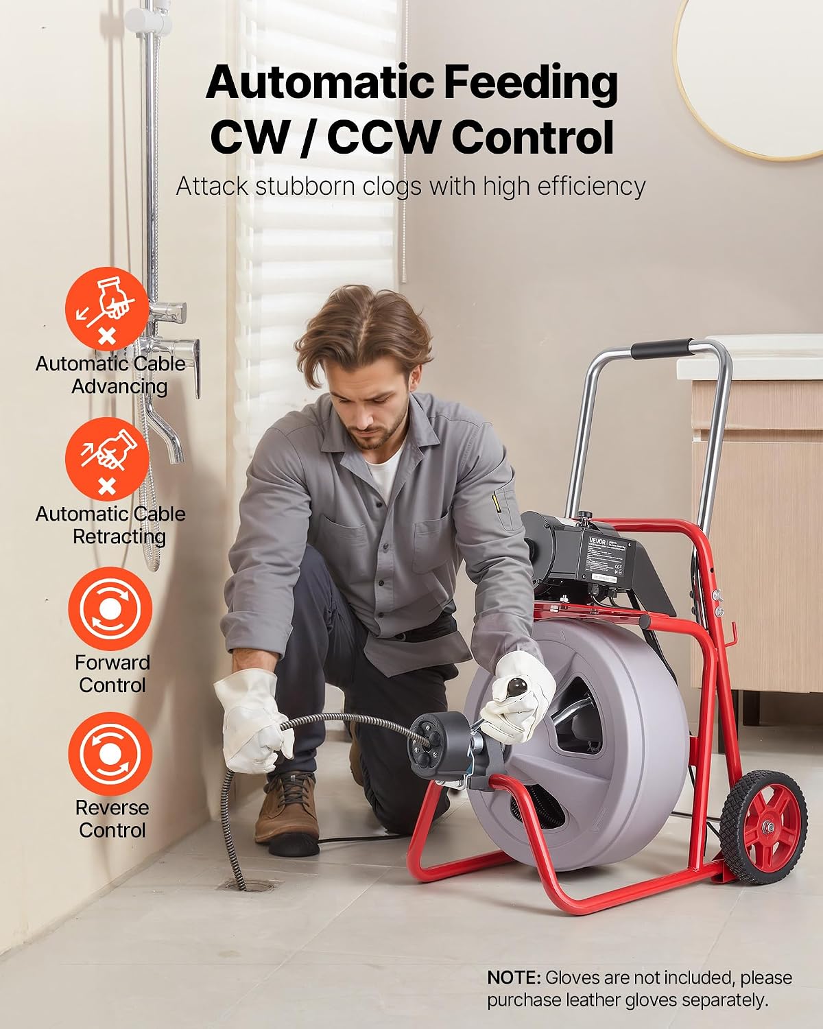 VEVOR Drain Cleaner Machine 100 FT x 1/2 Inch, Auto Feed Sewer Snake Drain Auger on Wheels, Portable Drain Cleaning Machine with 8 Cutters & Air-Activated Foot Switch for 2" to 6" Pipes