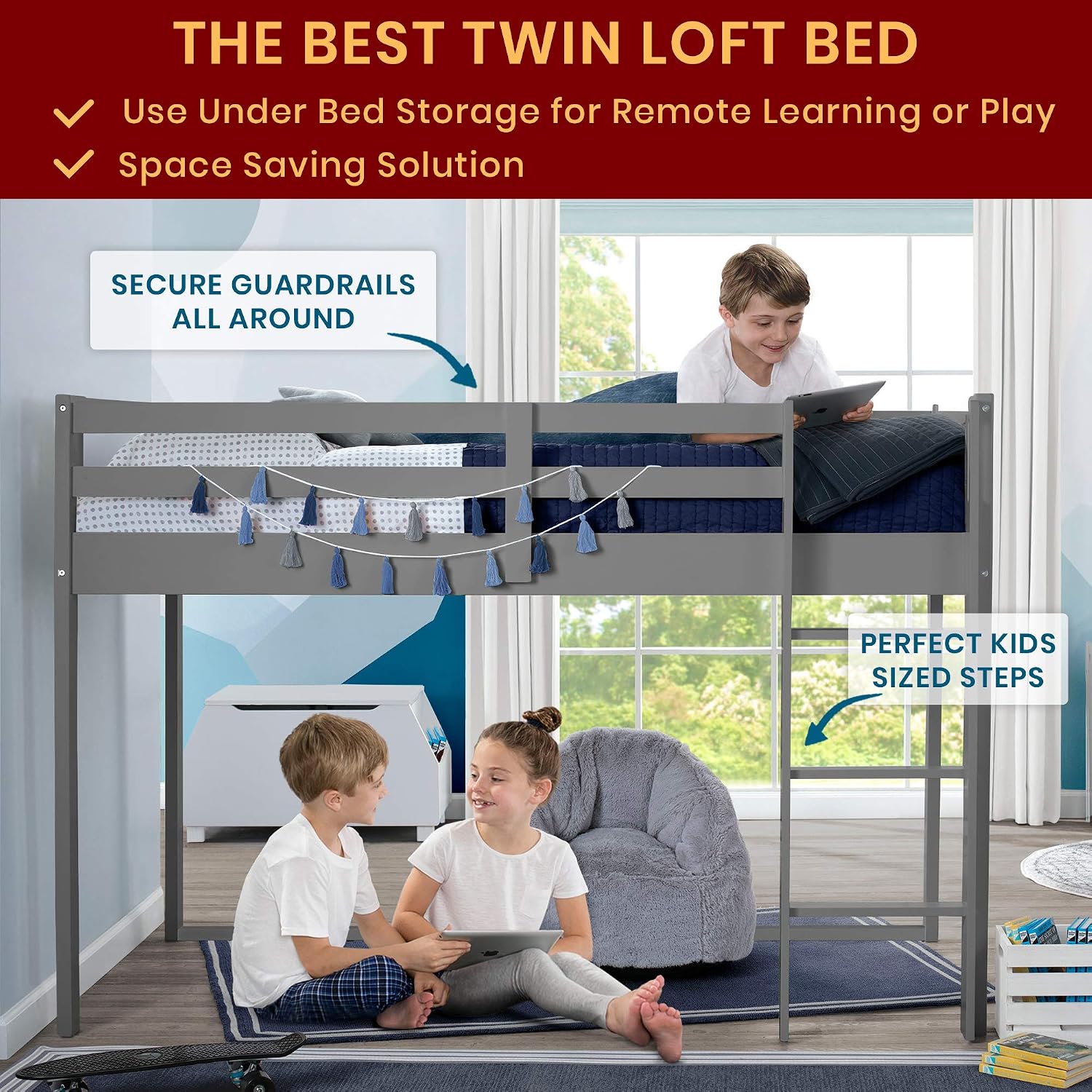 Delta Children Twin Loft Bed with Guardrail and Ladder (Coordinates with Loft Bed Tents Sold Separately), White