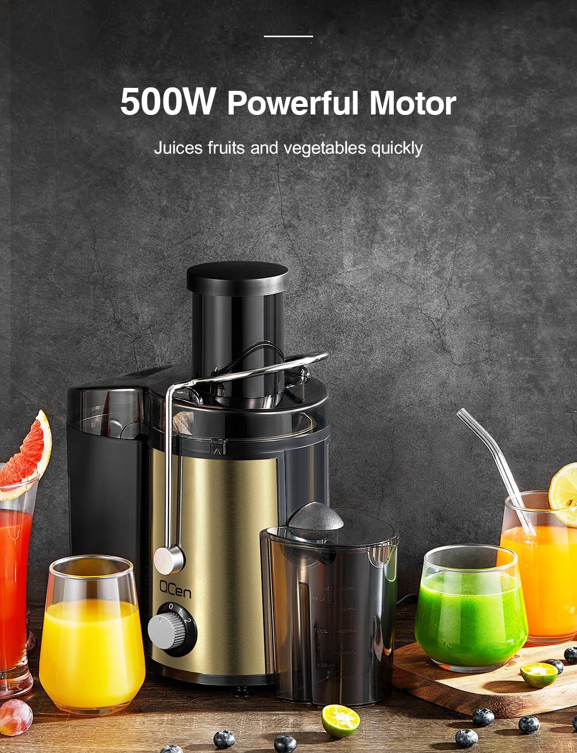QCen Juicer Machine 500W Centrifugal Juicer with Extra Wide Feed Chute