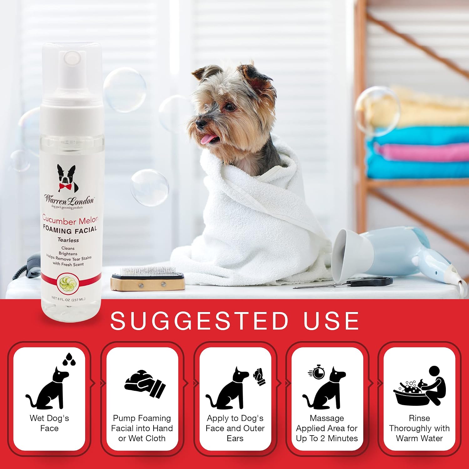 Warren London Foaming Pet Facial | Tear Free Dog Face Wash | Tearless Dog Shampoo for Faces & Dog Eye Stain Remover | Refreshing Cucumber Melon Wash | Made in USA | 8oz