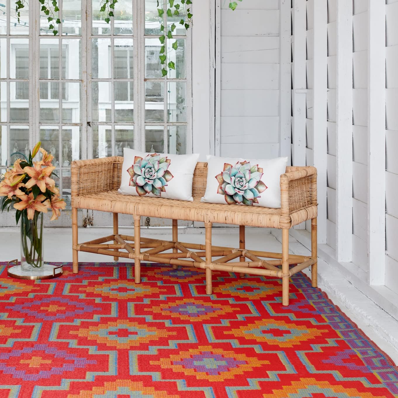Fab Habitat Outdoor Rug - Waterproof, Fade Resistant, Crease-Free - Premium Recycled Plastic - Geo Tribal - Porch, Deck, Balcony, Mudroom