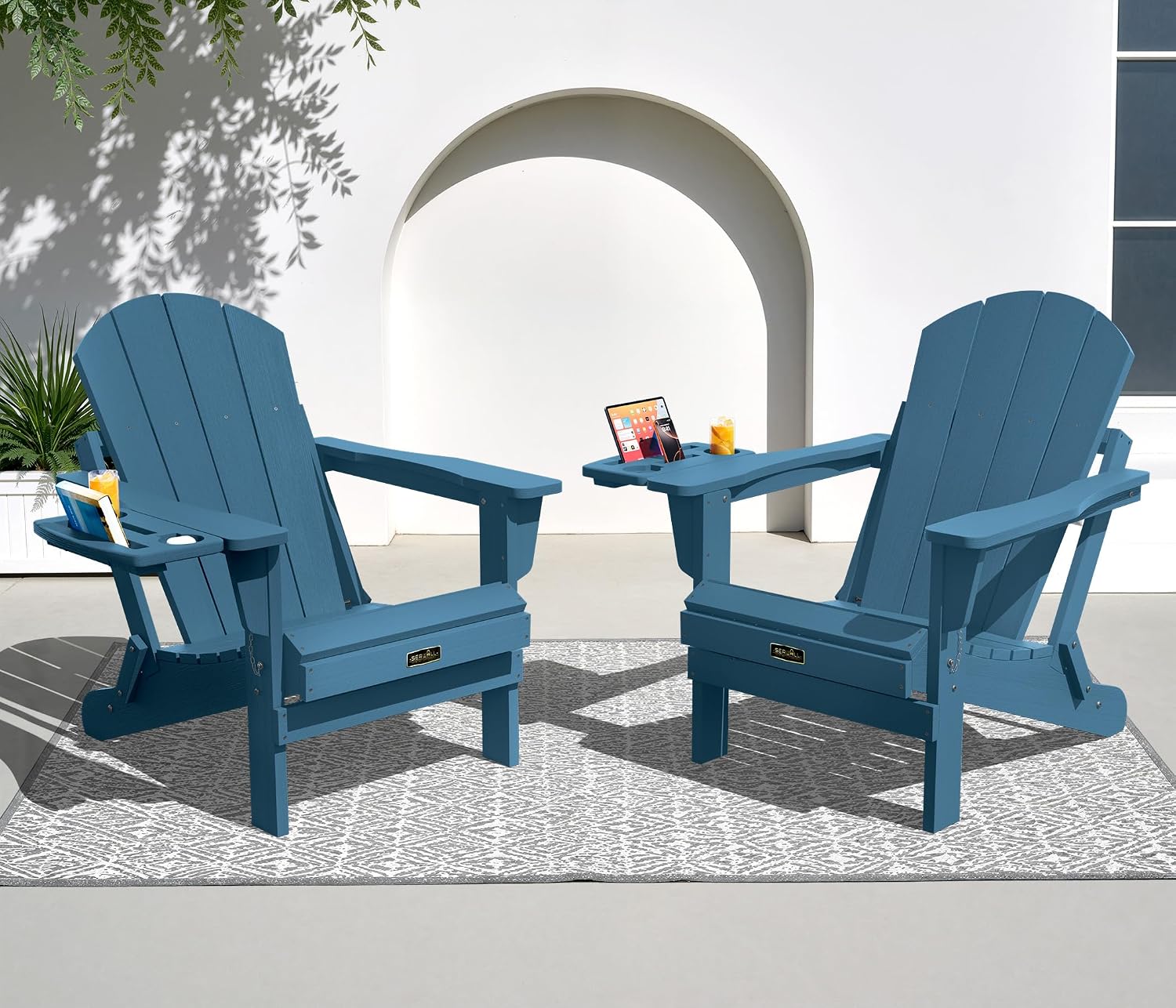 SERWALL Folding Adirondack Chairs with Cup Holder, Outdoor Fire Pit - Blue