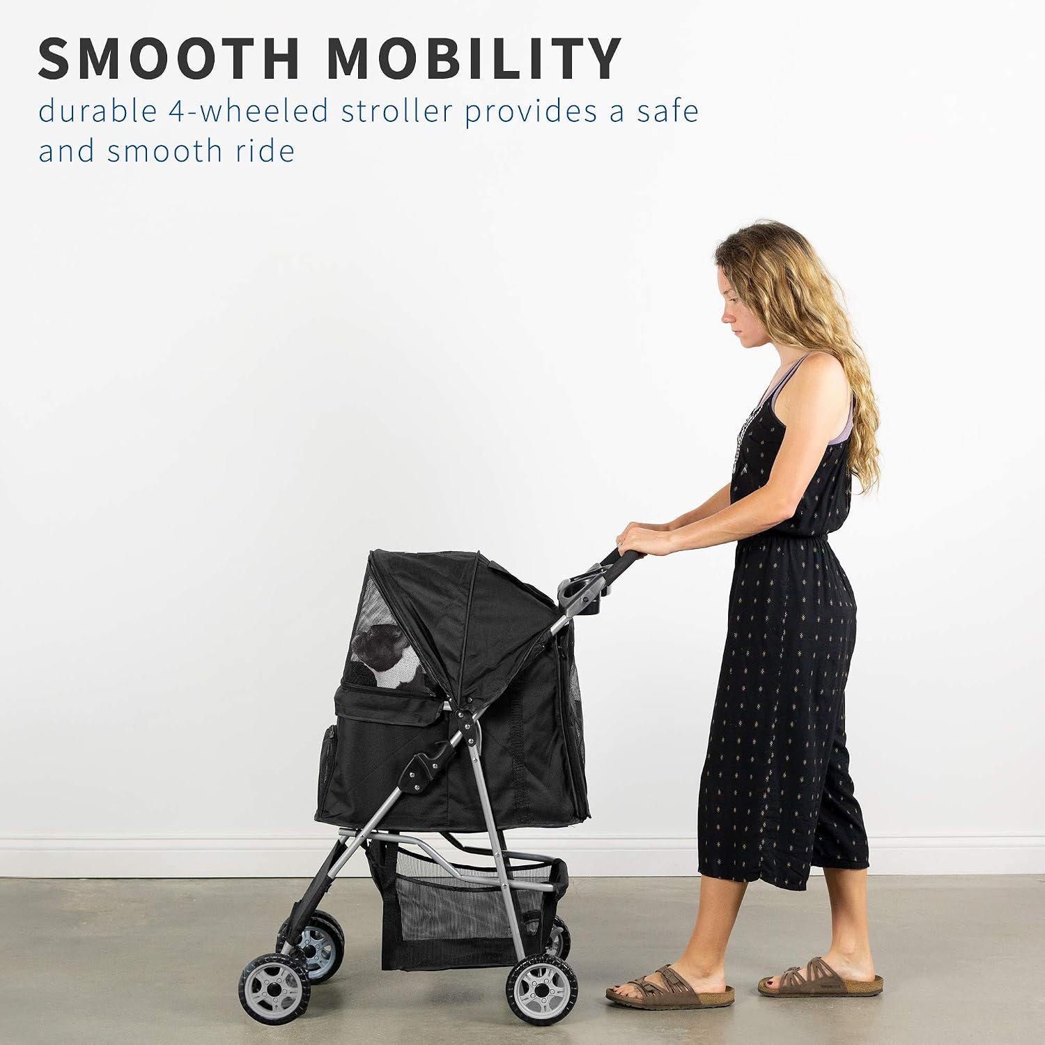 VIVO Black 4 Wheel Pet Stroller for Cat, Dog and More, Foldable Carrier Strolling Cart, STROLR-V001K
