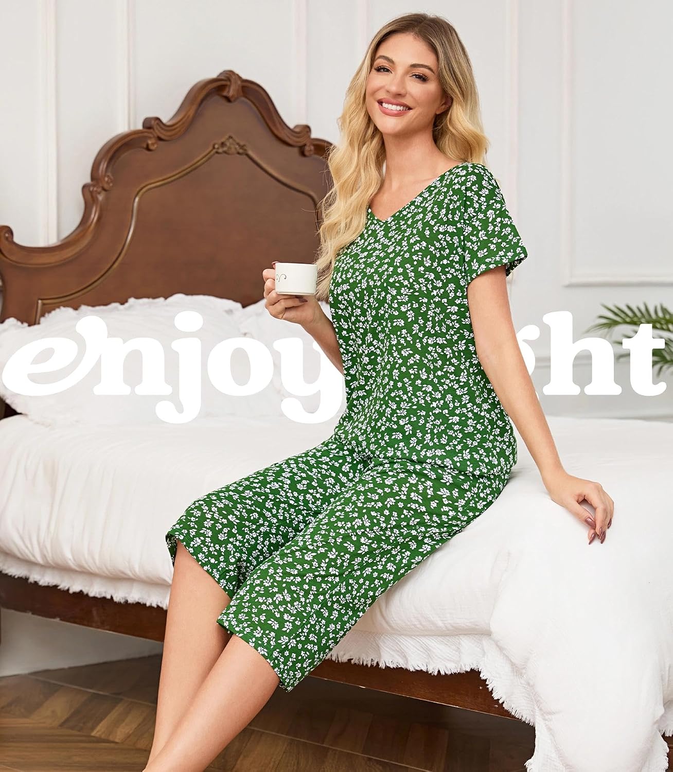 ENJOYNIGHT Womens Pajama Set Cotton Short Sleeve Top With Capri Pants Pj