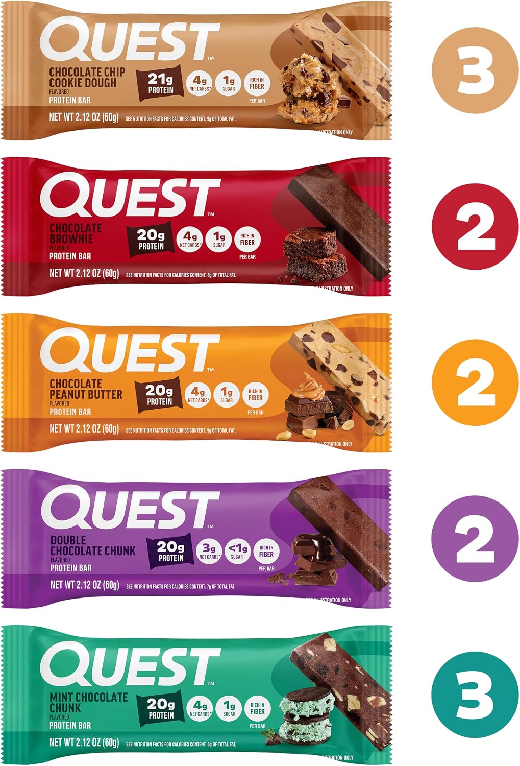 Quest Nutrition Oatmeal Chocolate Chip Protein Bars, 20g Protein, 12 Count | 12g Fiber, 5g Net Carbs, 1g Sugar, Gluten Free, High Quality Protein, Soft and Chewy, Individually Wrapped 2.12oz Bars