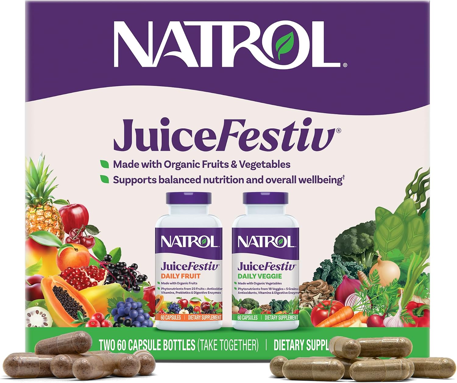Natrol JuiceFestiv Vitamins and Supplements, 60 Capsules (2-Count) | For Nutrition & Well-being, Antioxidants for Cellular Health, Daily Fruit & Veggie Capsules, 120 Capsules, 30 Day Supply