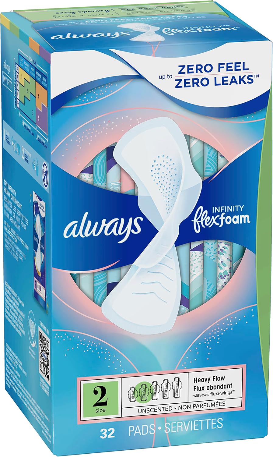 Always Infinity Feminine Pads for Women, Size 2 Heavy Flow Absorbency,with Flexfoam, with Wings, Unscented, 32 Count