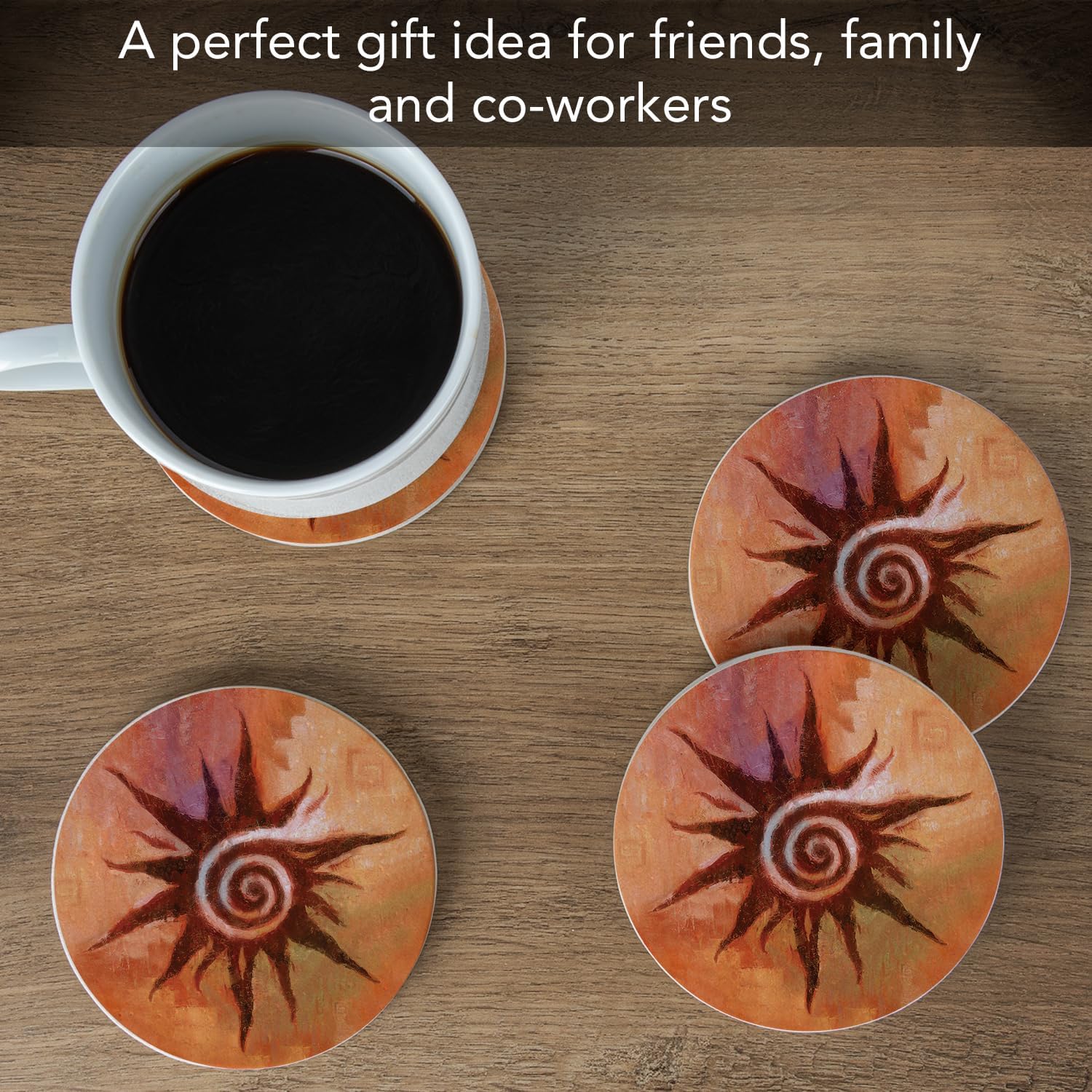 Thirstystone Spiral Sun Natural Sandstone Coaster 4 Pack Eco-Friendly, Absorbent, Easily Wipes Clean | 4” Diameter, Manufactured in the USA