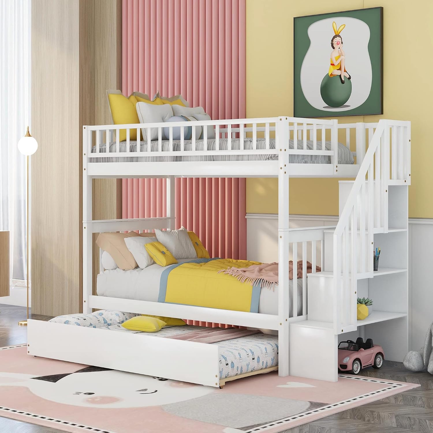 Bellemave Full Over Full Bunk Beds with Stairs Stairway Bunk Bed Frame with Storage Shelves for Teens Adult, Detachable Wood Full Bunk Bed, Gray
