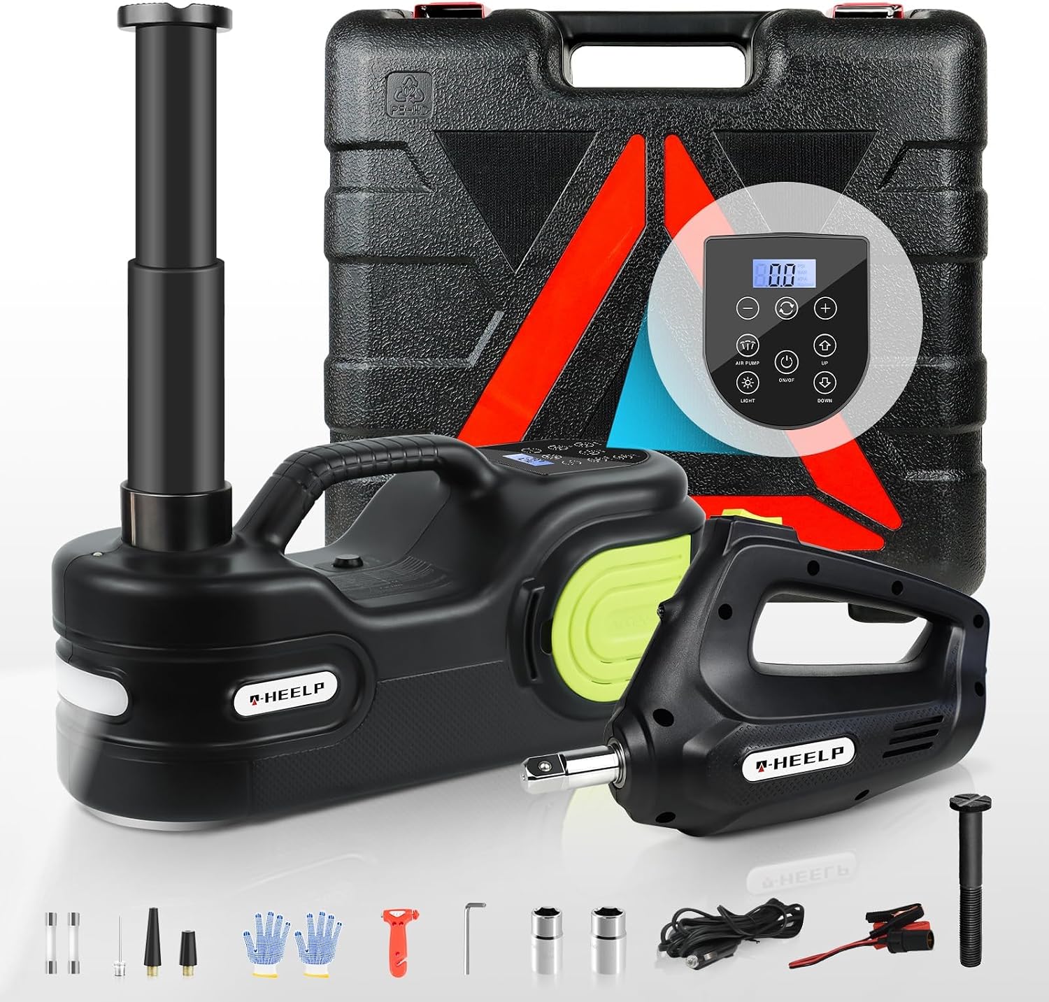 E-HEELP Electric Car Jack Kit 5 Ton 12V with Impact Wrench, 6.1-17.7 in