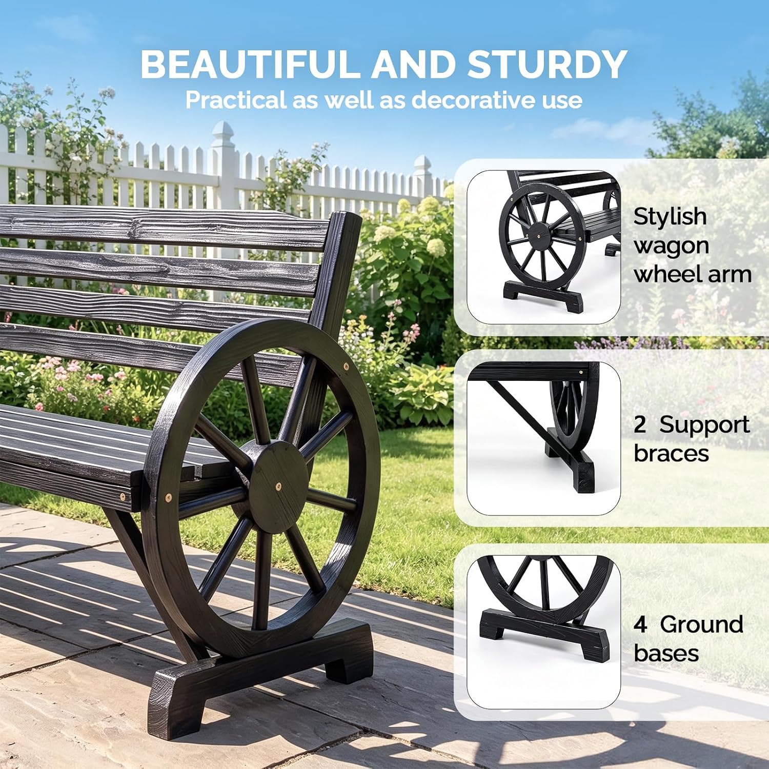 VINGLI Rustic Wooden Wheel Bench Outdoor Bench, Patio Bench Wagon Slatted Seat, Garden Benches for Outdoors 350lbs High Capacity