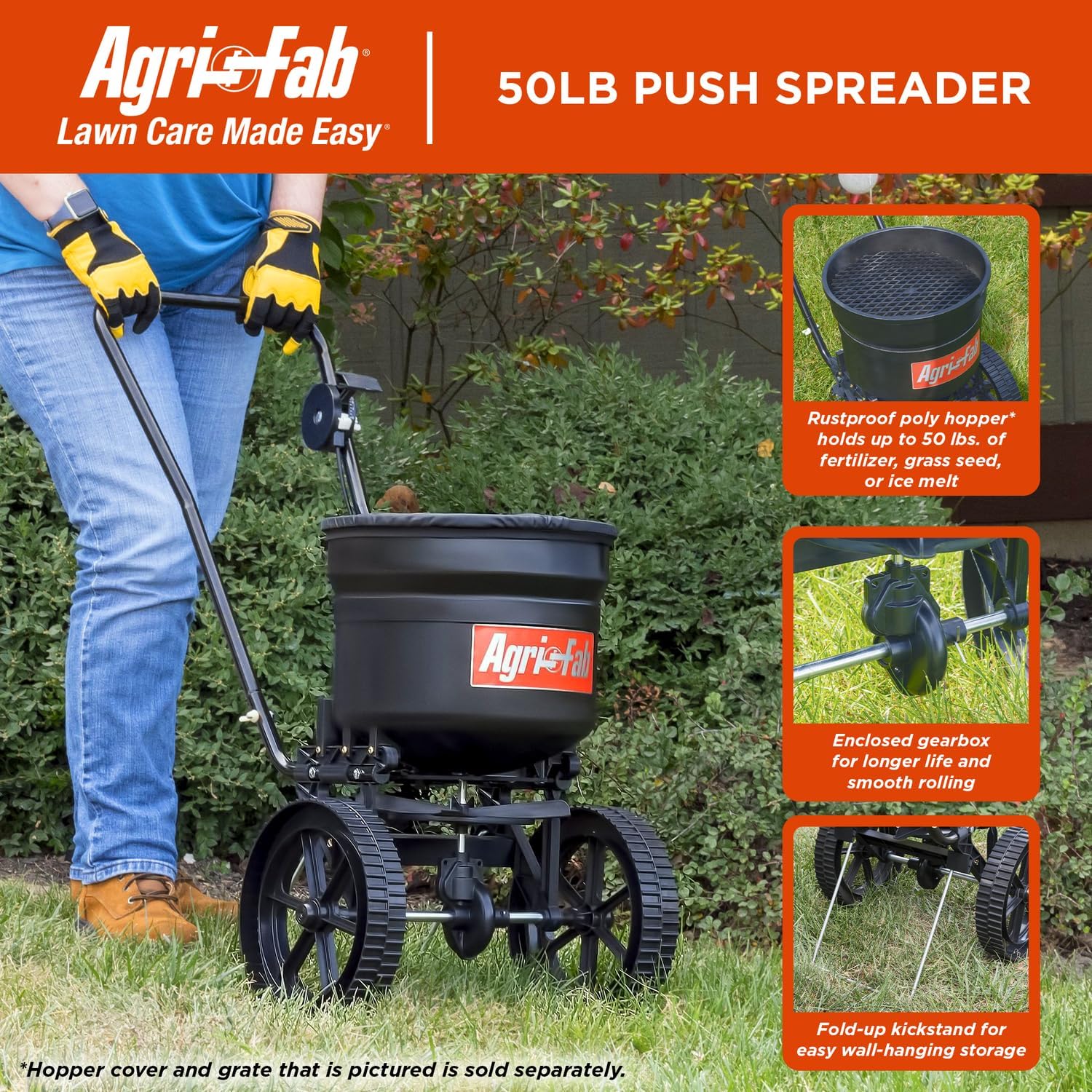 Agri-Fab Push Lawn and Garden Broadcast Spreader for Seed and Fertilizer, 50 lb Capacity Walk-Behind Spreader with Cable Flow Control