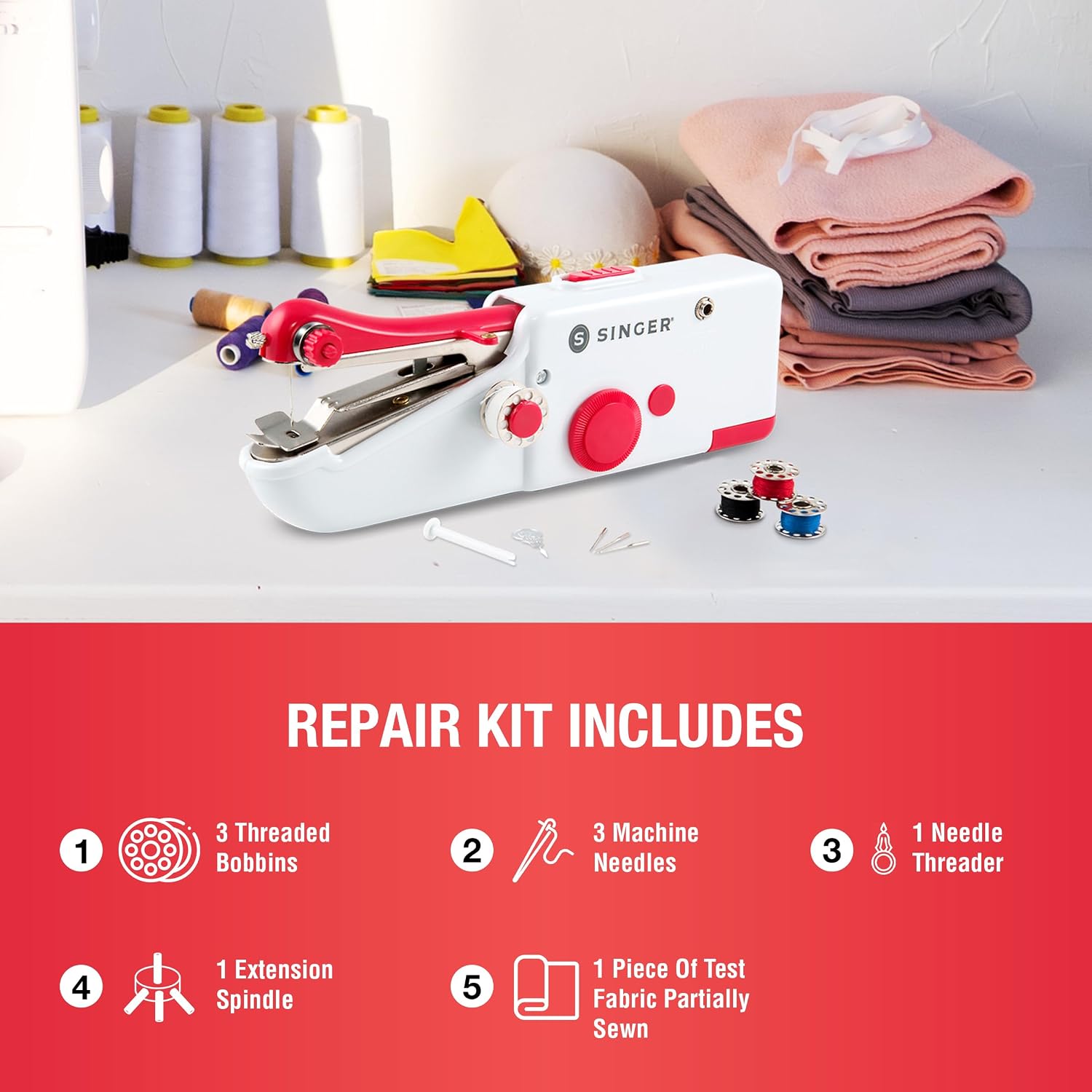 SINGER Stitch Sew Quick™ Portable Handheld Cordless Mending Machine | Cordless handheld mending machine for fast repairs on curtains