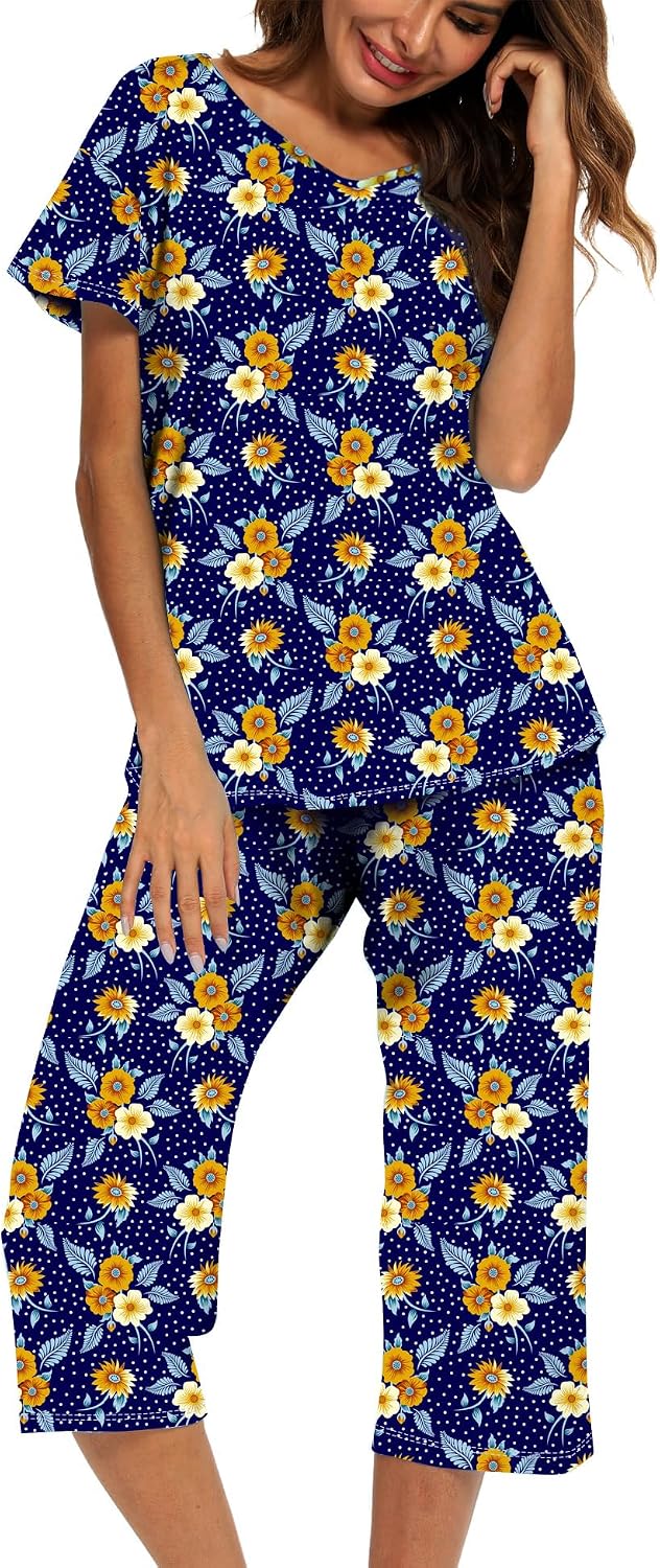 ENJOYNIGHT Womens Pajama Set Cotton Summer Pj Top with Capri Pant Sleepwear