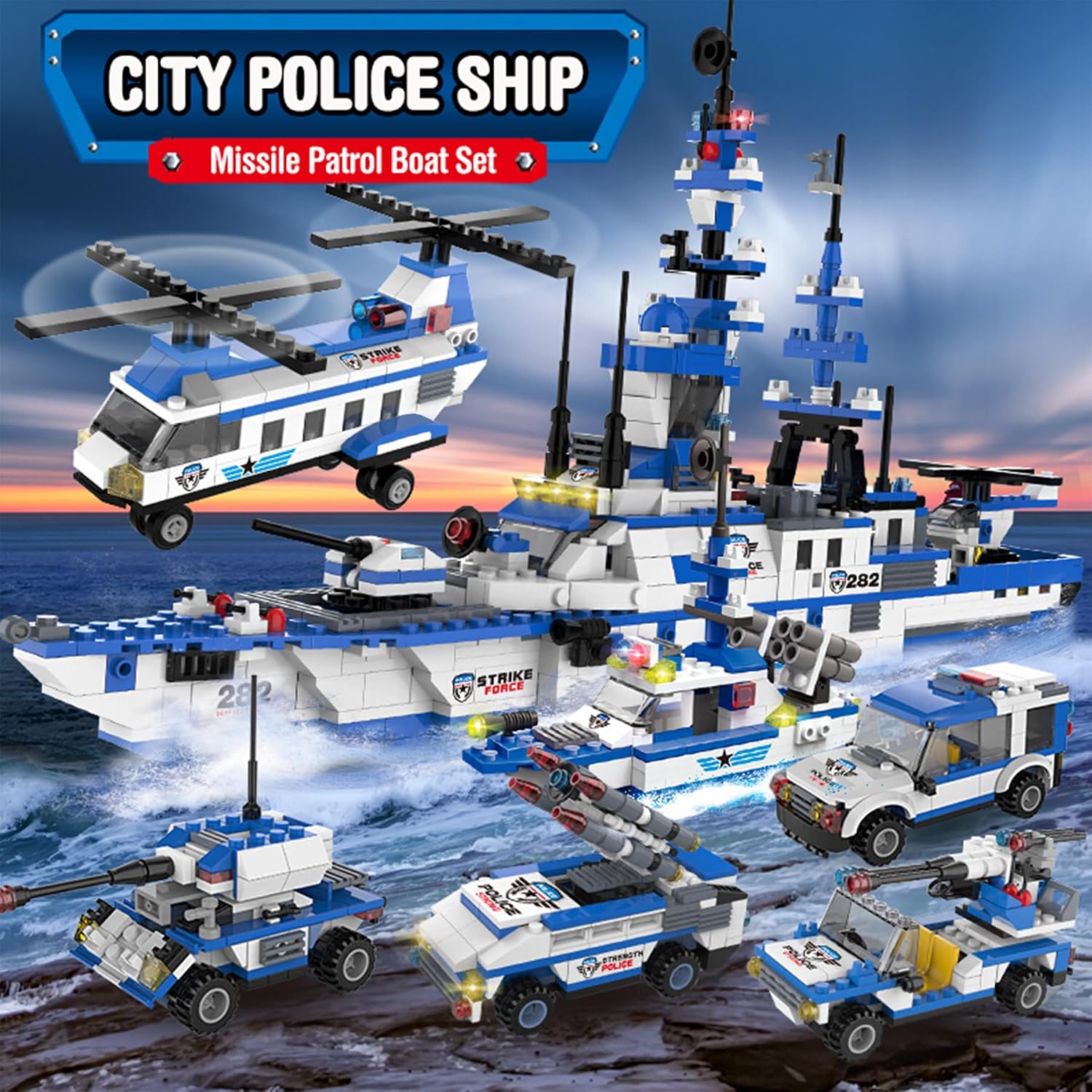 EP EXERCISE N PLAY City Police Set Battleship Building Toy, 1169 Pieces 6 in 1 Boat War Ship Block Set, Fun Toy Gift for Kids Boys & Girls Ages 6+