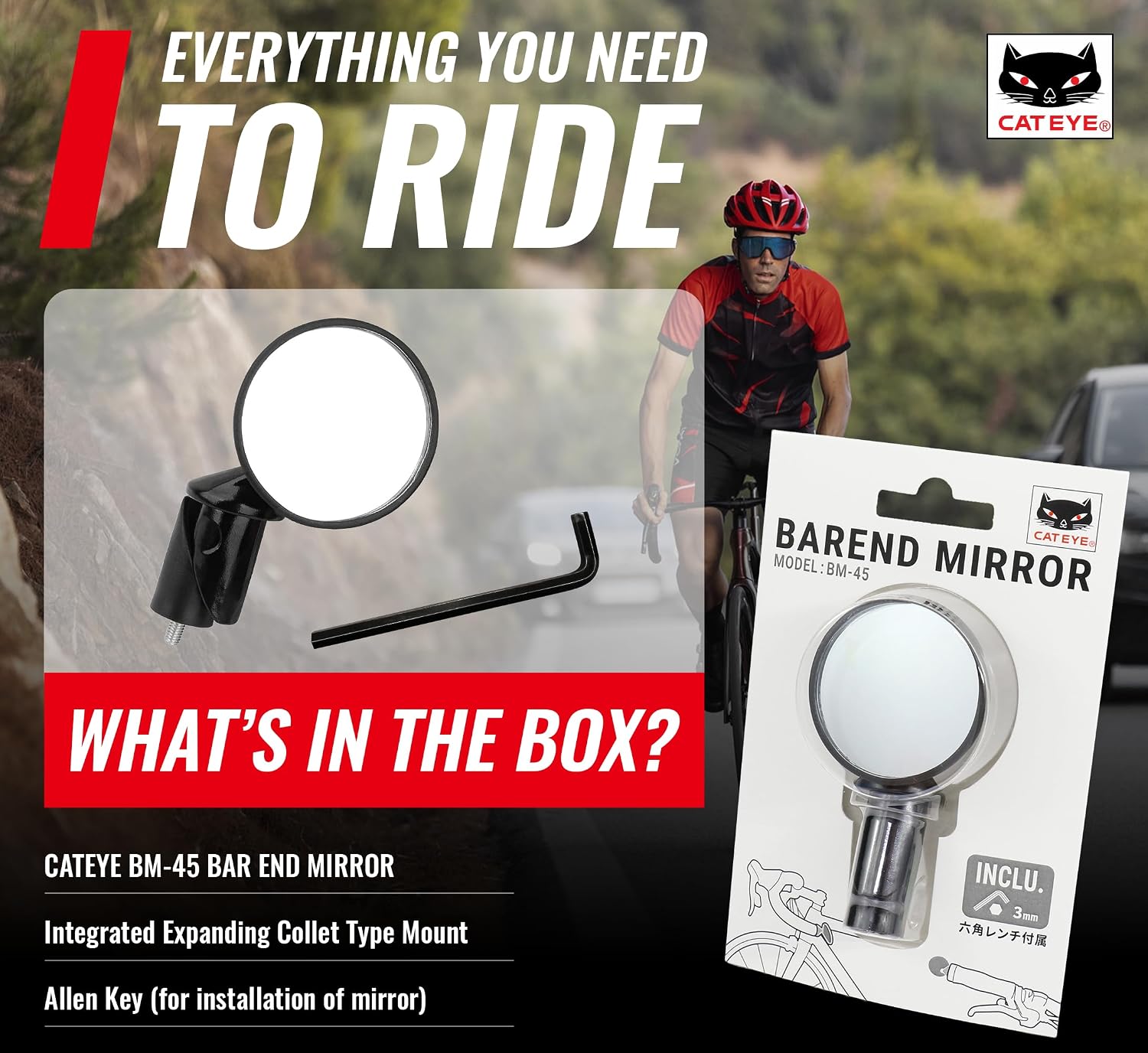 CATEYE BM-45 Bar End Mirror | Road, MTB and Gravel Bikes, Durable Aluminum with Scratch-Resistant Glass, Visibility and Safety for Cyclists